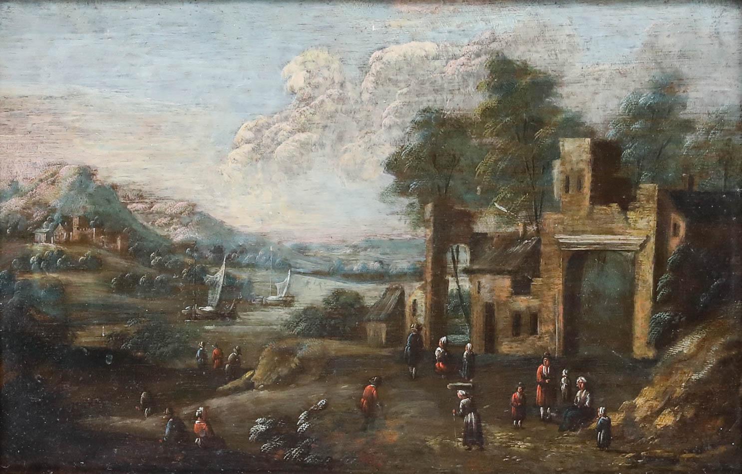 Attribut. Marc Baets - Gerahmtes Öl aus dem frühen 18. Jahrhundert, Leben am Seeufer – Painting von Unknown