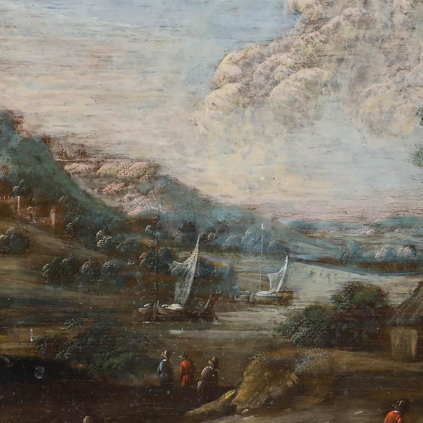 Dieses exquisite Gemälde der flämischen Schule wird Marc Baets zugeschrieben und zeigt eine idyllische Landschaft mit Bauern, die sich neben einem befestigten Gebäude unterhalten.

Im späten 17. und frühen 18. Jahrhundert erlebte die flämische