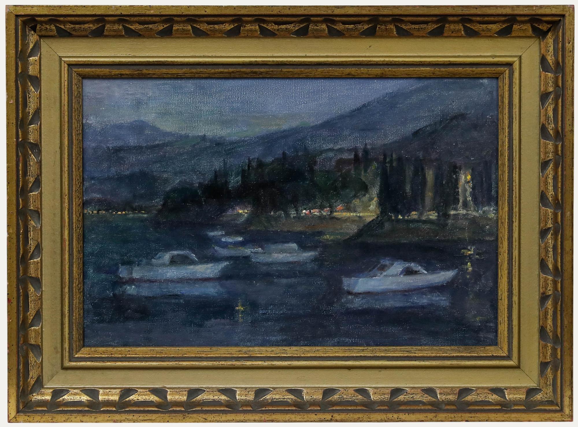 Unknown Landscape Painting – Attribut. Margaret Adelaide Norman (1908-1976) -1974 Öl, Dubrovnik Boote bei Nacht