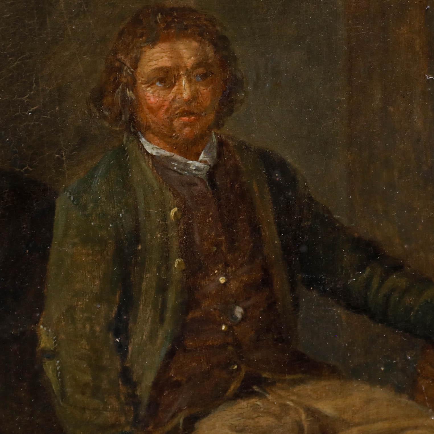 In dieser charakteristischen Genreszene sitzt ein Mann auf einem Stuhl, einen Krug in der einen und eine Pfeife in der anderen Hand, während ein Glas Whisky auf dem Fass an seiner Seite ruht. Michel-Nicolas Lepicie (1735-1784) zugeschrieben auf