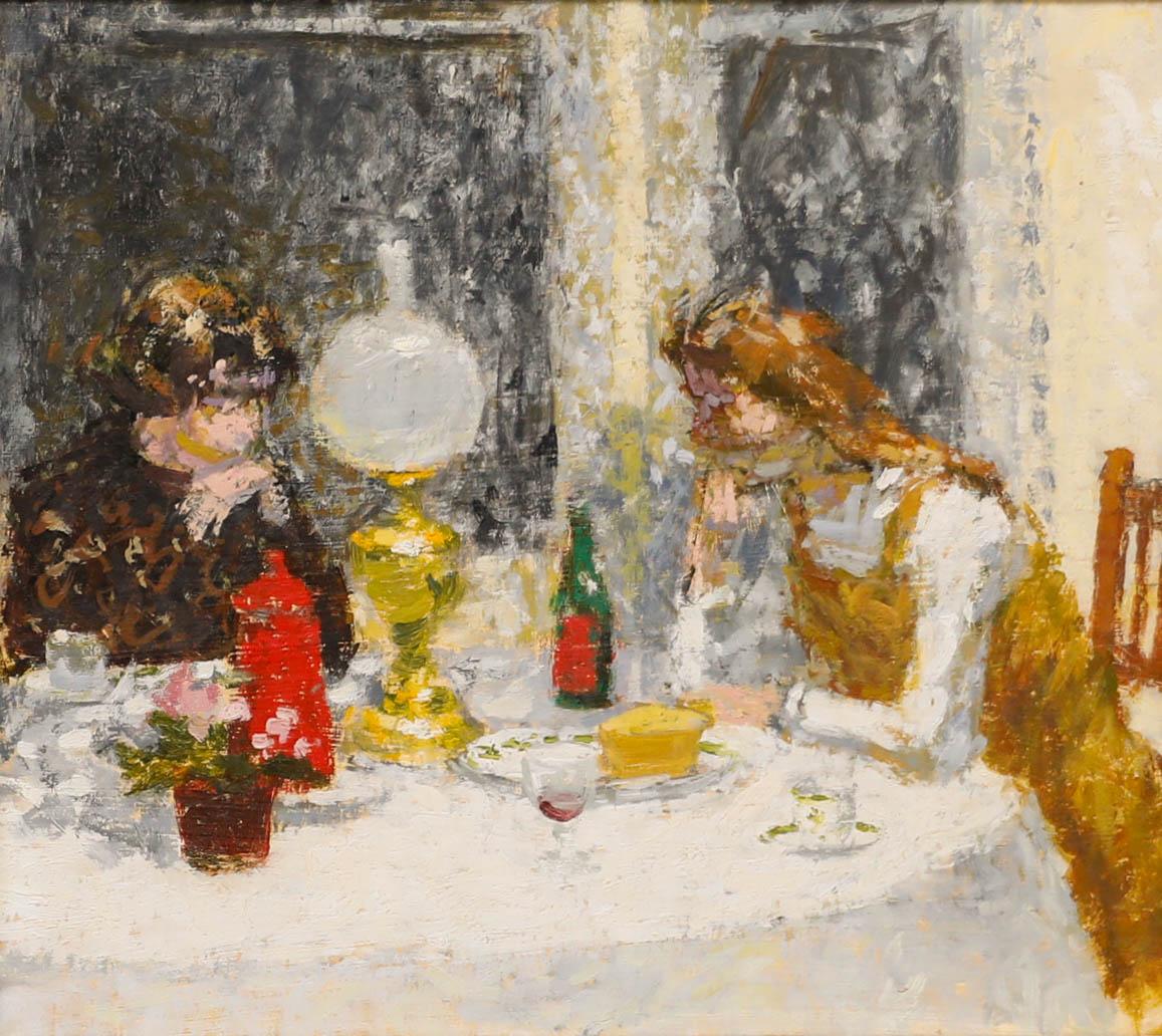 Attribut. Stuart Ray (1916-1985) - Gerahmtes Ölgemälde, Konversation nach Supper – Painting von Unknown