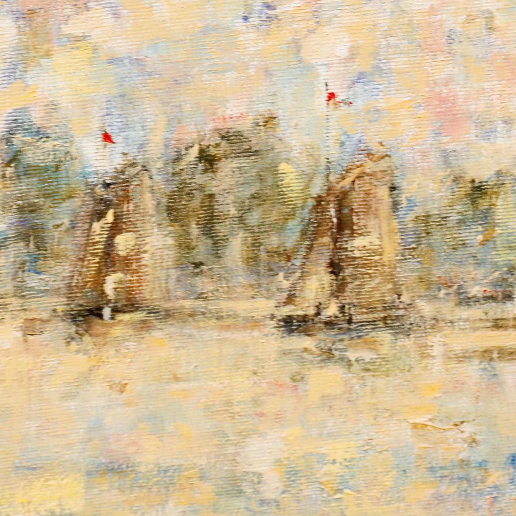 Soft hues of peach, yellow and blue depict a hazy view of sailboats gliding across a tranquil waterway. Unsigned. Presented in a complementing wooden frame. On canvas board. 