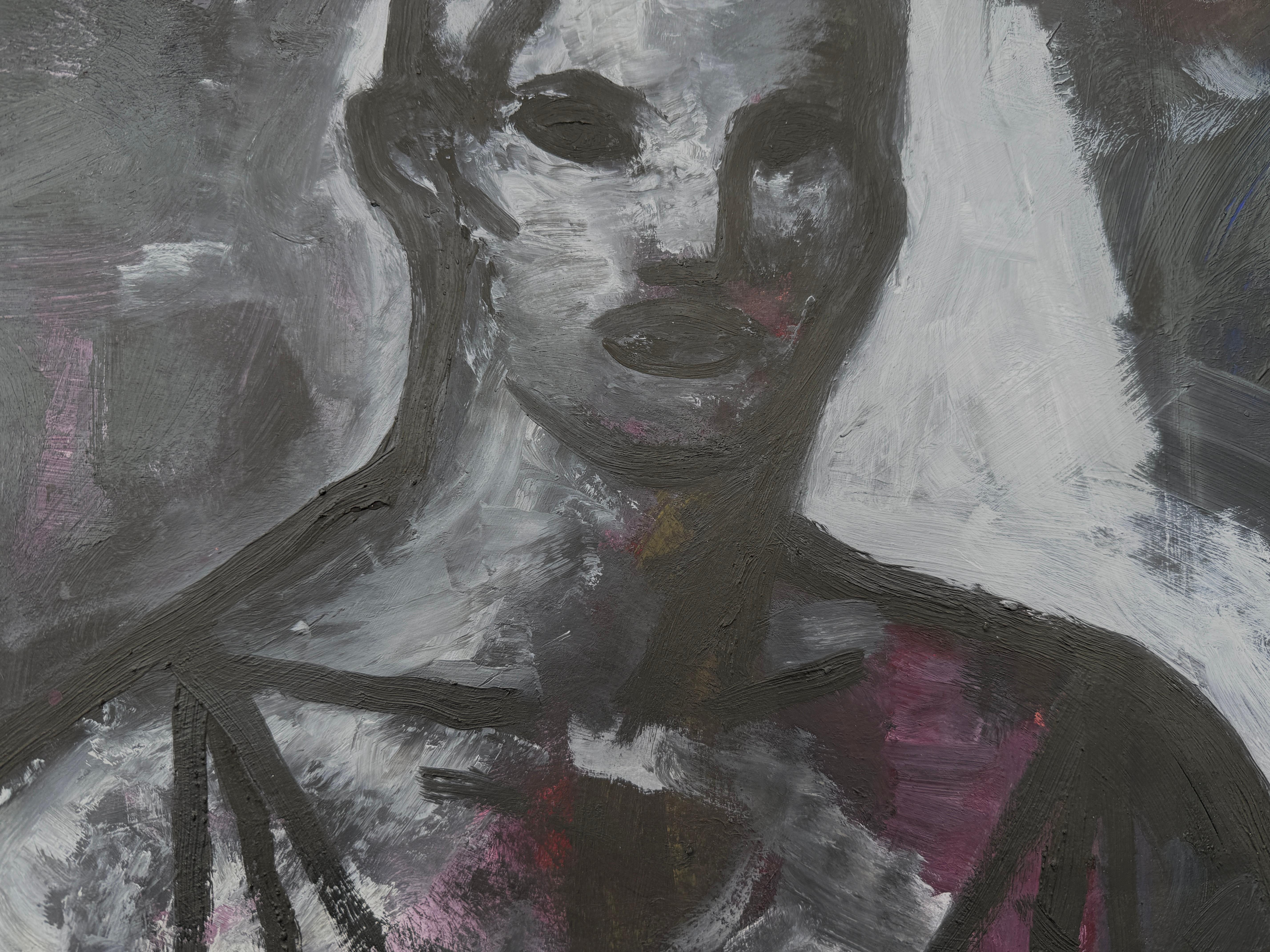 Aubade ama femme Acrylic on cardboard contemporary european art - Noir Portrait Painting par Unknown