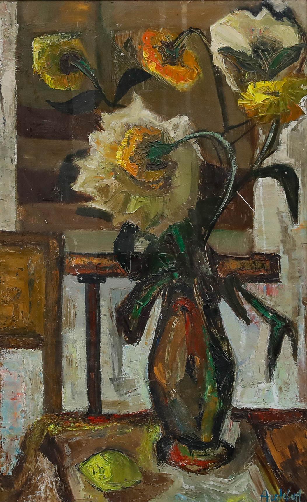 Audebert - Modernist 20. Jahrhundert Öl, Blumenstillleben – Painting von Unknown