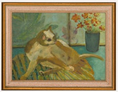 Audrey Green - Olio del 20° secolo incorniciato, Gatto che lava