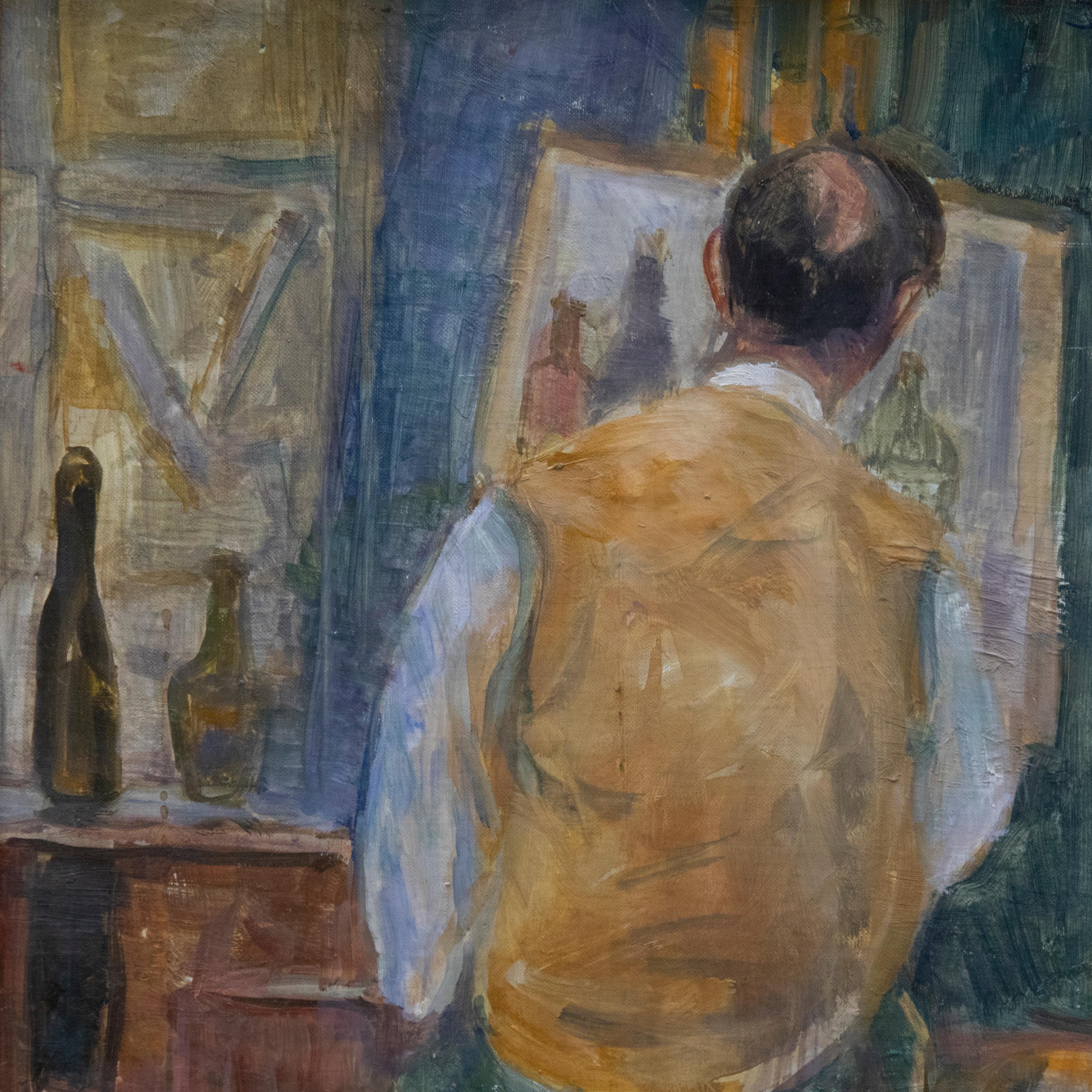 A wonderful mid-century study depicting an artist busy in his studio. He sits in a relaxed manner at his easel, working quickly with the light glinting from glass bottles in the window. A still life is in progress . Bright colours and expressive