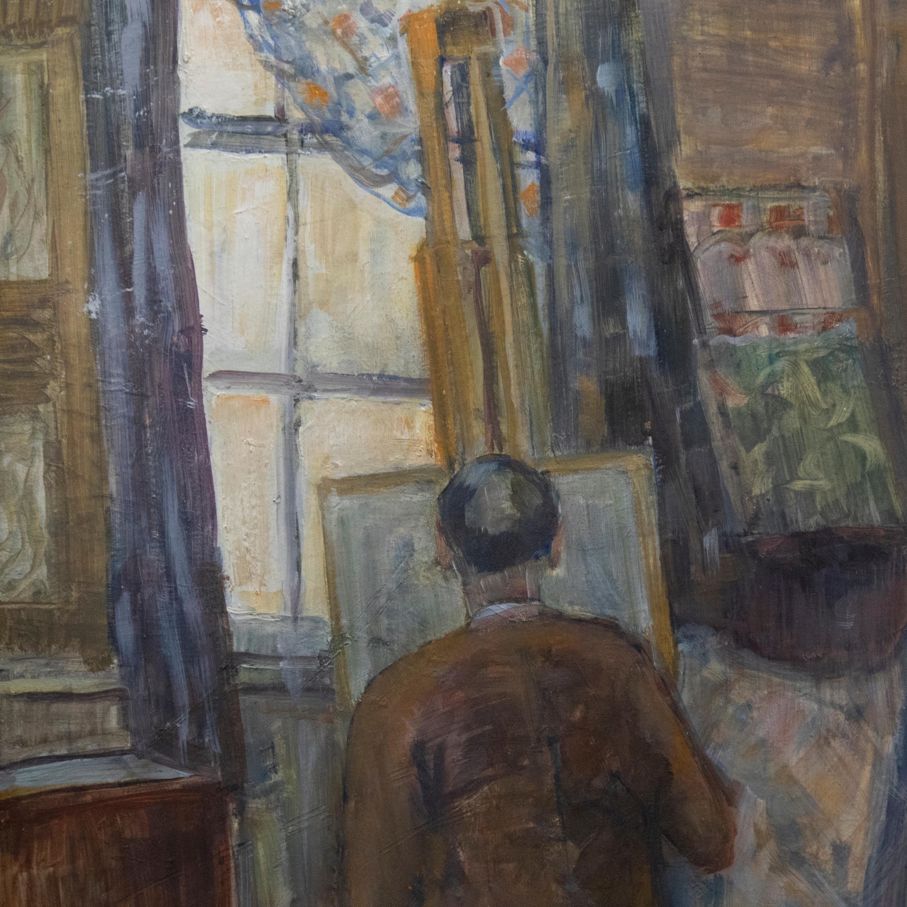 A wonderful mid-century study depicting an artist busy in his studio. He sits in a relaxed manner at his easel, working with the natural light from a large sash window. Bright colours and expressive brushwork bring the interior to life, drawing your