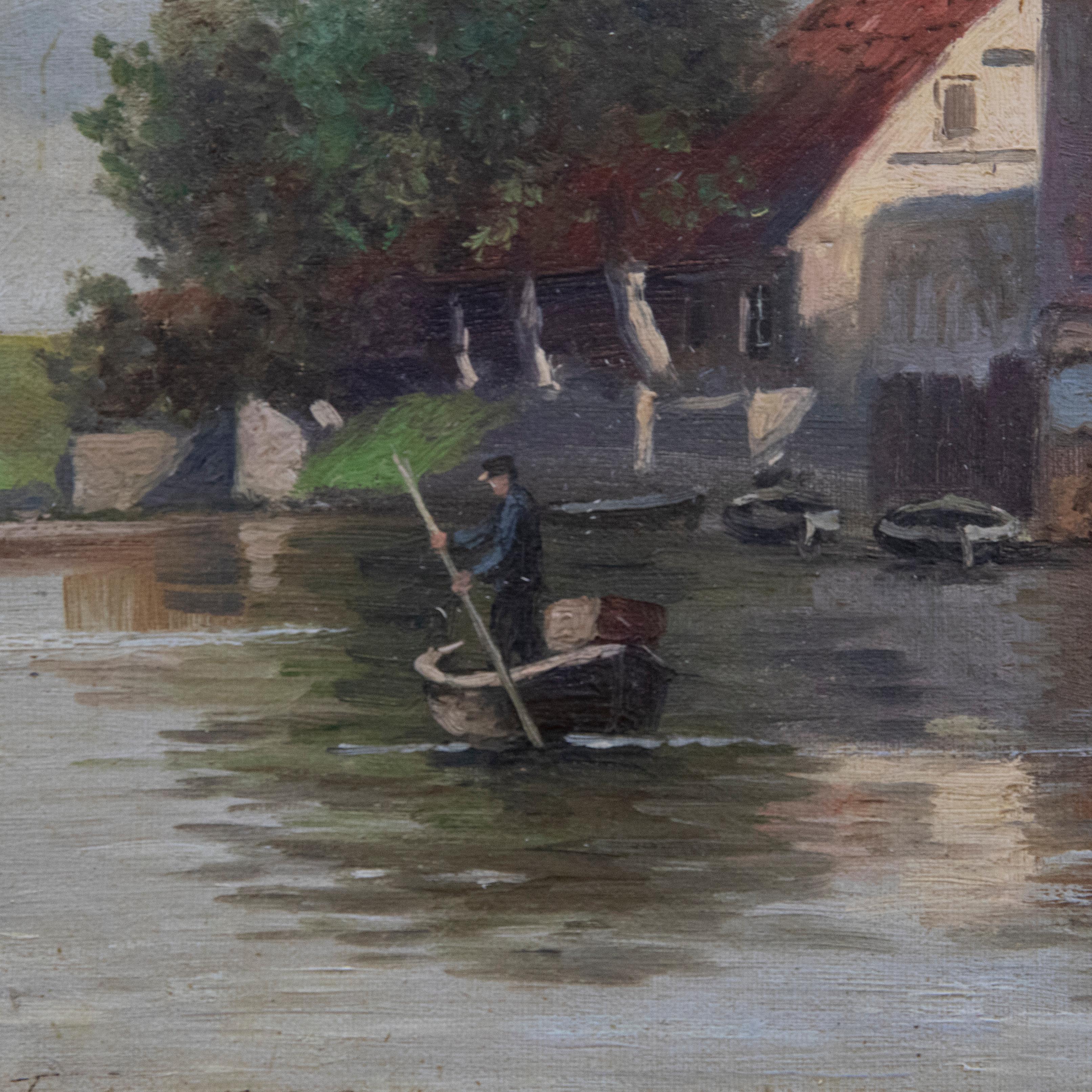 August Fischer (1854-1921)  - Danish School 1918 Oil, On the River For Sale 1