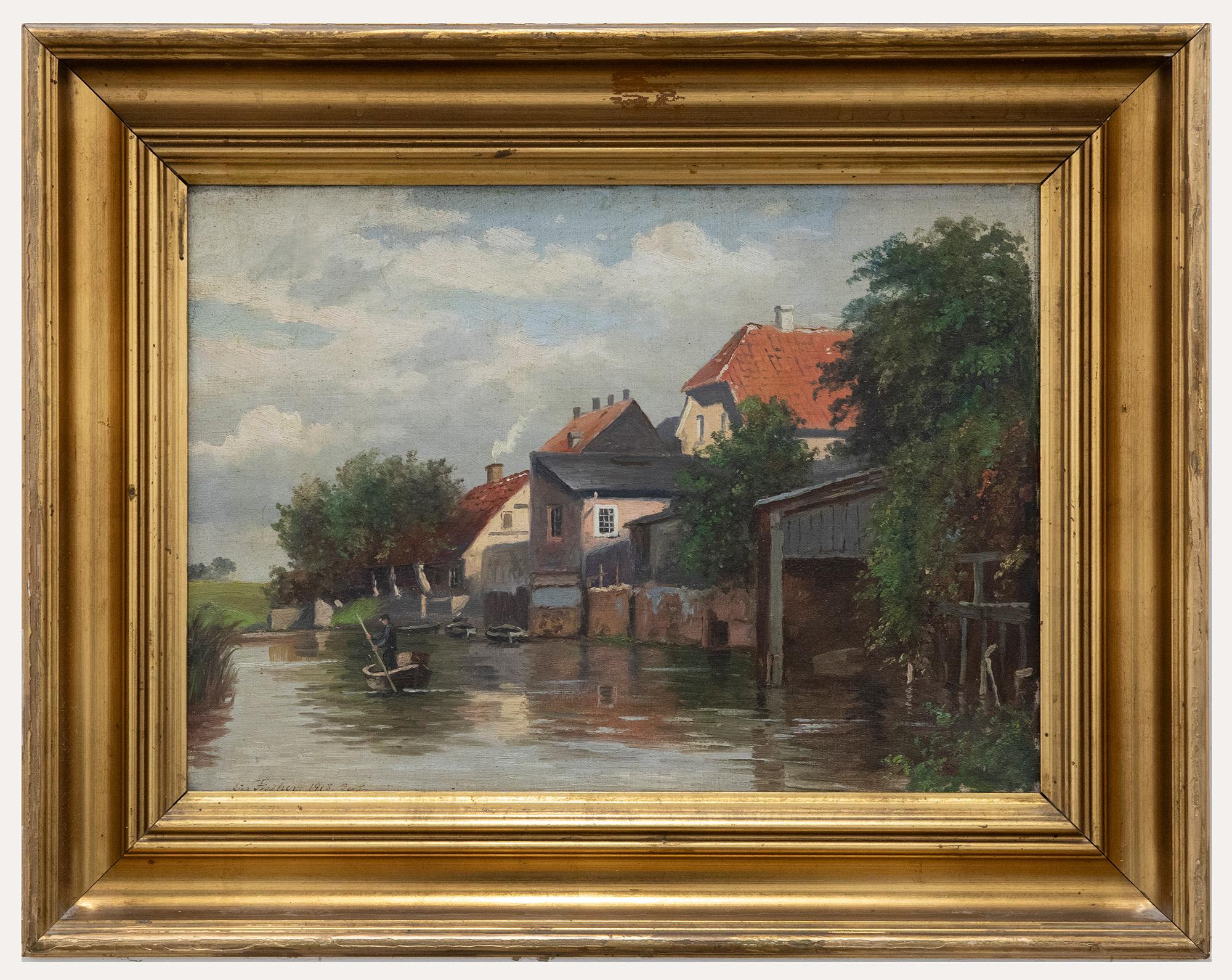 Unknown Landscape Painting - August Fischer (1854-1921)  - Danish School 1918 Oil, On the River