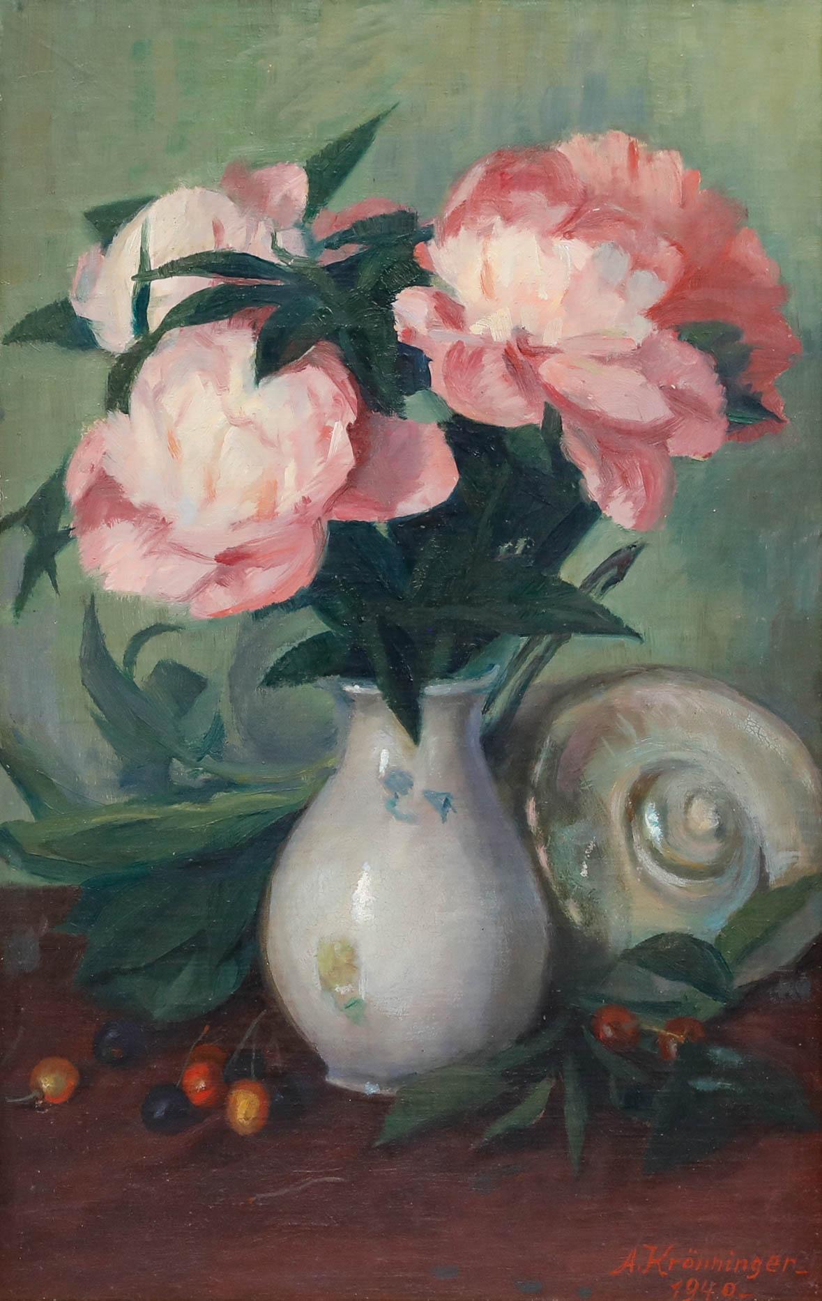 August Kronniger (1893-1980) - 1940 Huile, Nature morte aux pivoines et aux cerises - Painting de Unknown