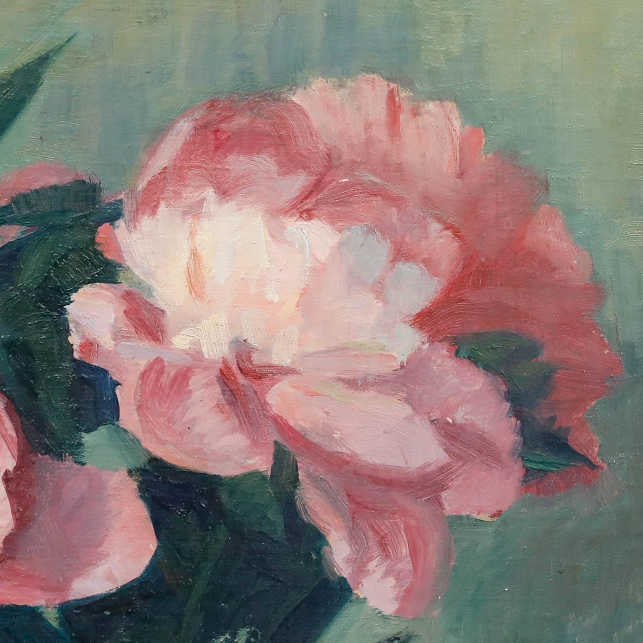 August Kronniger (1893-1980) - 1940 Huile, Nature morte aux pivoines et aux cerises en vente 1