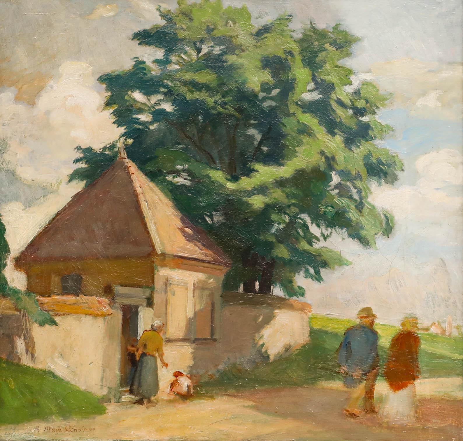 August Mayr-Lenoir (1887-1968) - 1940 Öl, Ein Spaziergang im Dorf (Braun), Landscape Painting, von Unknown