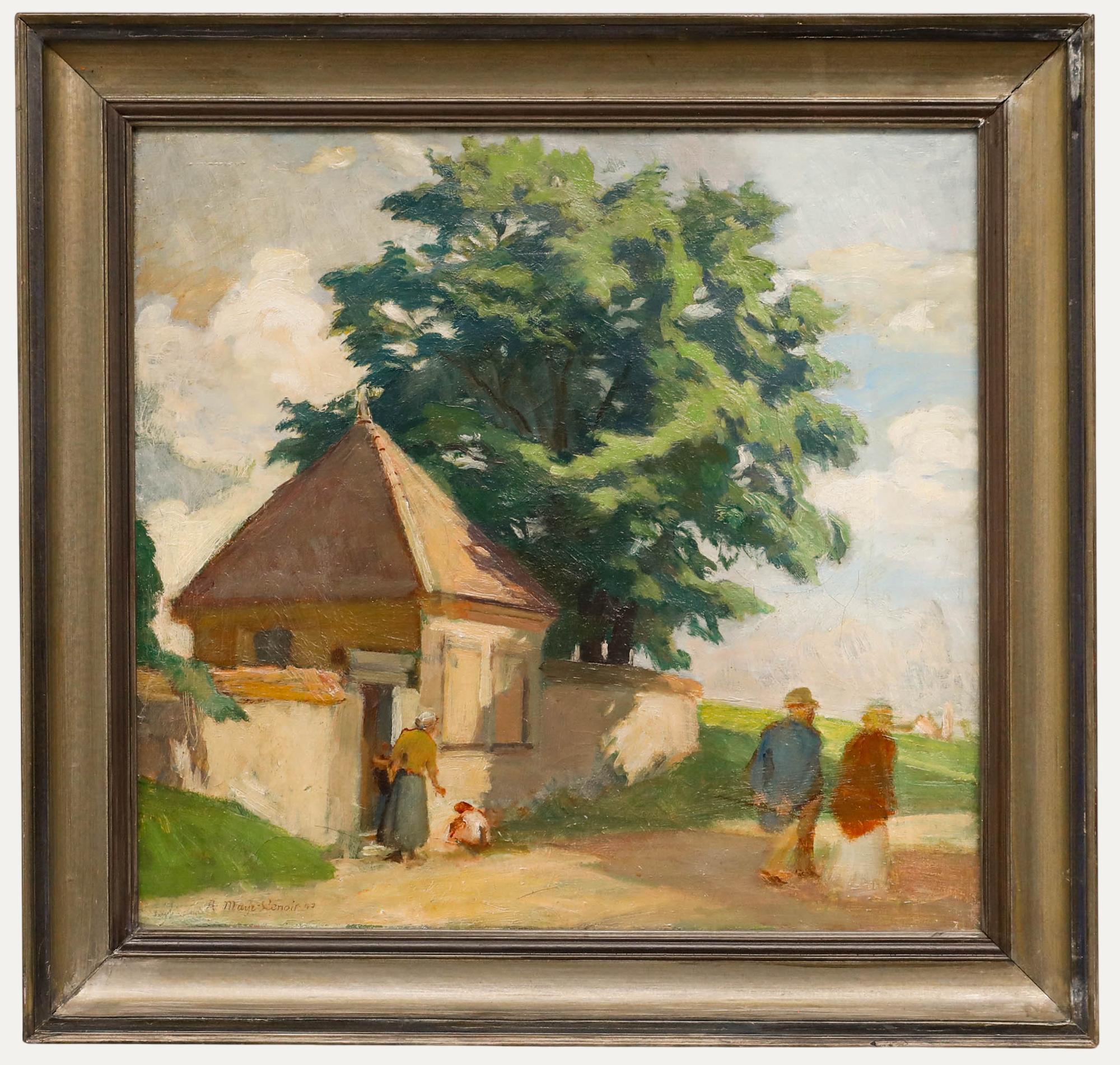 Unknown Landscape Painting – August Mayr-Lenoir (1887-1968) - 1940 Öl, Ein Spaziergang im Dorf
