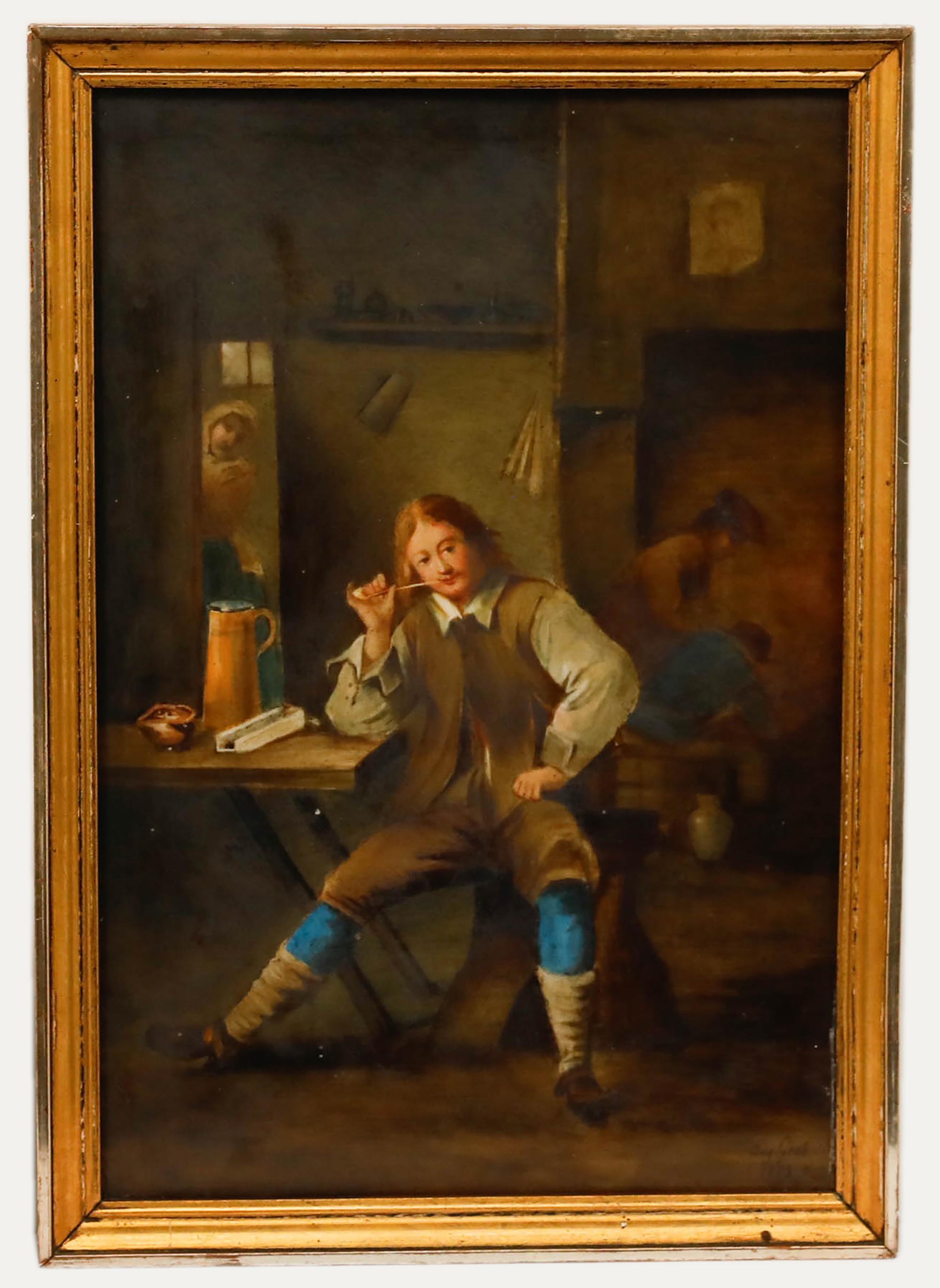Unknown Figurative Painting – Auguste Groh  - 1871 Öl, Tavernenraucher