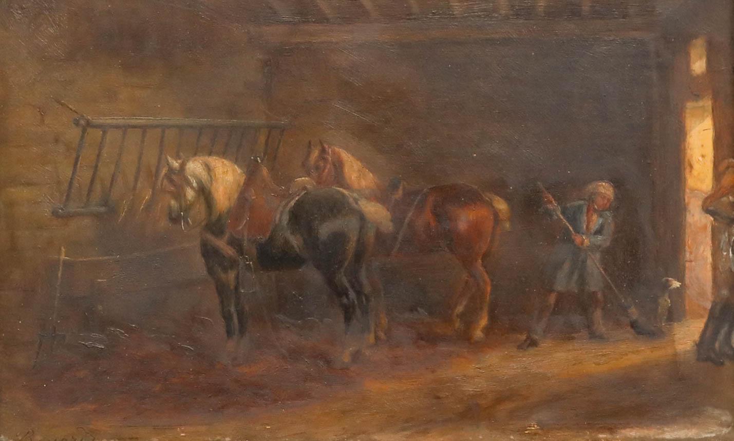 Auguste Sebastien Benard (1810-1873) - Mid 19th Century Oil, The Horse Stables - Painting by Unknown