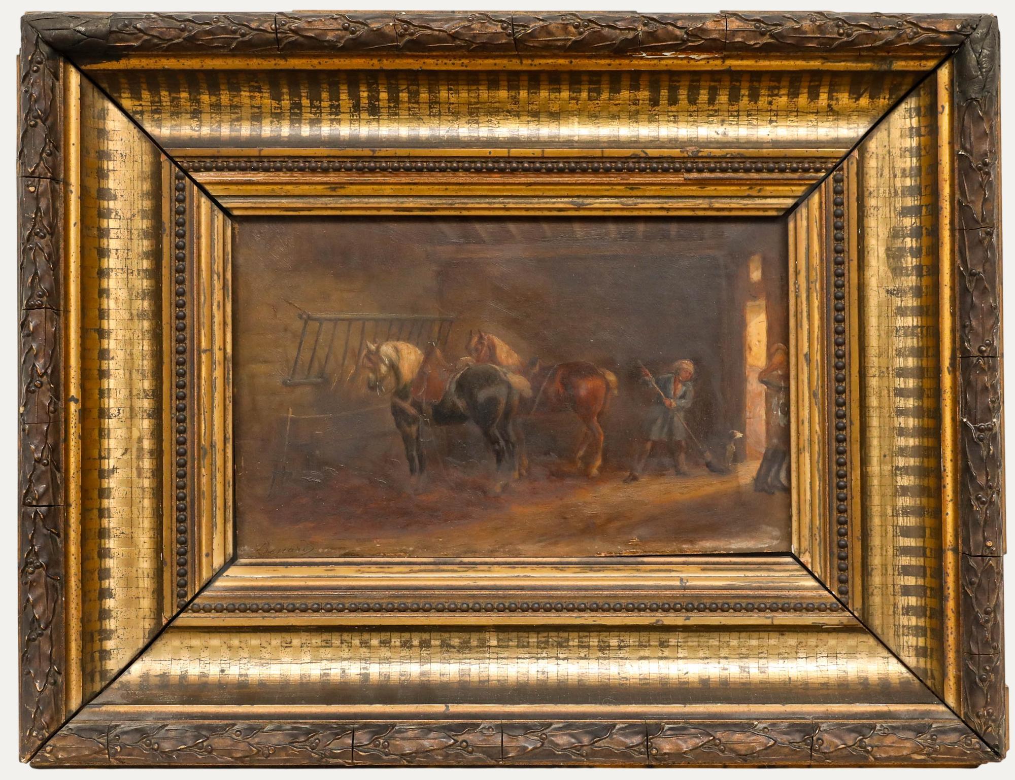Unknown Animal Painting - Auguste Sebastien Benard (1810-1873) - Mid 19th Century Oil, The Horse Stables