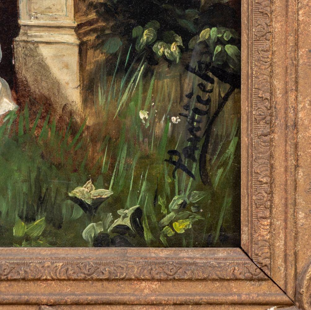 Austrian School, Family Portrait, Oil on Canvas, late 19th century, depicting a husband and wife with young child in a garden, surrounded by cherubs, signed 