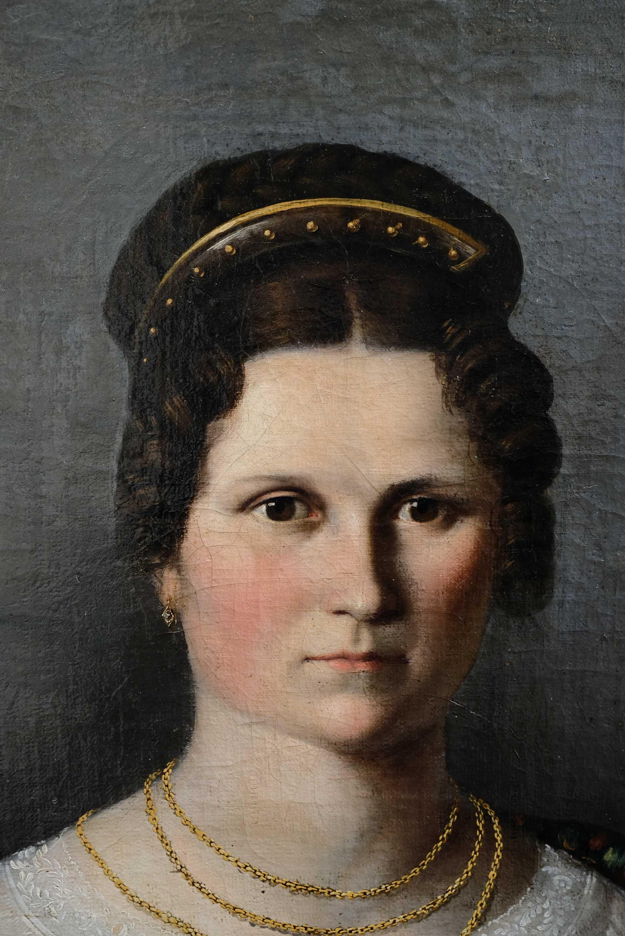 Escuela austriaca. Retrato de dama con mantón de flores. Hacia 1825 - Painting de Unknown