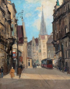 Austrian School Vienna Street Scene Oil on Board