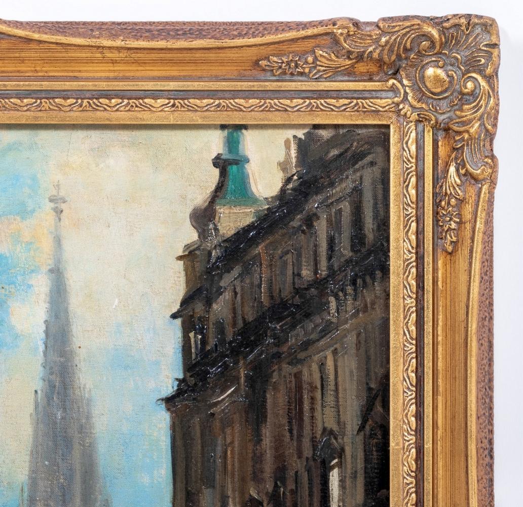 Österreichische Schule, Wiener Straßenszene, Öl auf Karton, 20. Jahrhundert, mit Stephansdom in der Ferne, rechts unten unleserlich signiert, Rahmen aus Goldholz. Bild: 20