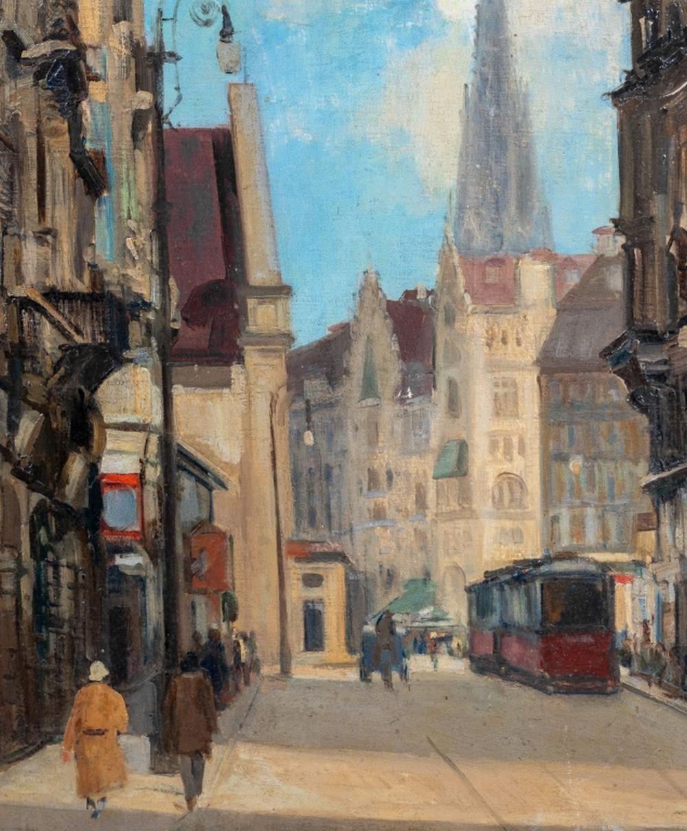 Österreichische Schule Wiener Straßenszene, Öl auf Karton im Angebot 2