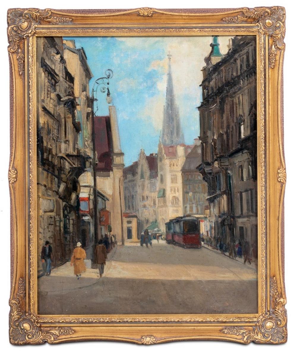 Austrian School, Vienna Street Scene, Oil on Board, 20th century, with St. Stephen's Cathedral in the distance, signed illegibly lower right, giltwood frame. Image: 20" H x 16" W; frame: 23.5" H x 19.5" W. 