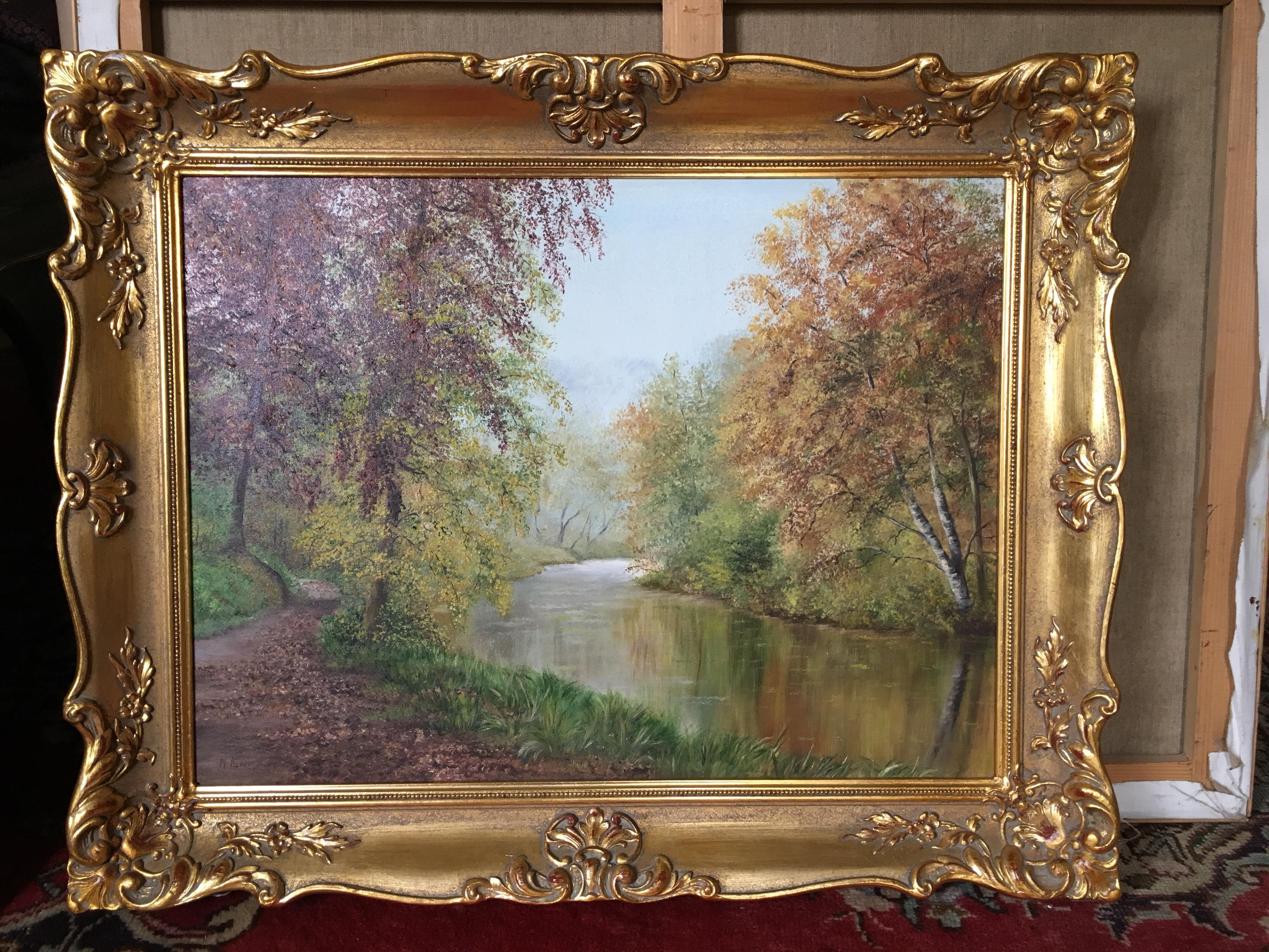 ‘Autumn Reflections’ Large Impressionist Landscape, Oil Painting, Signed - Brown Still-Life Painting by Unknown
