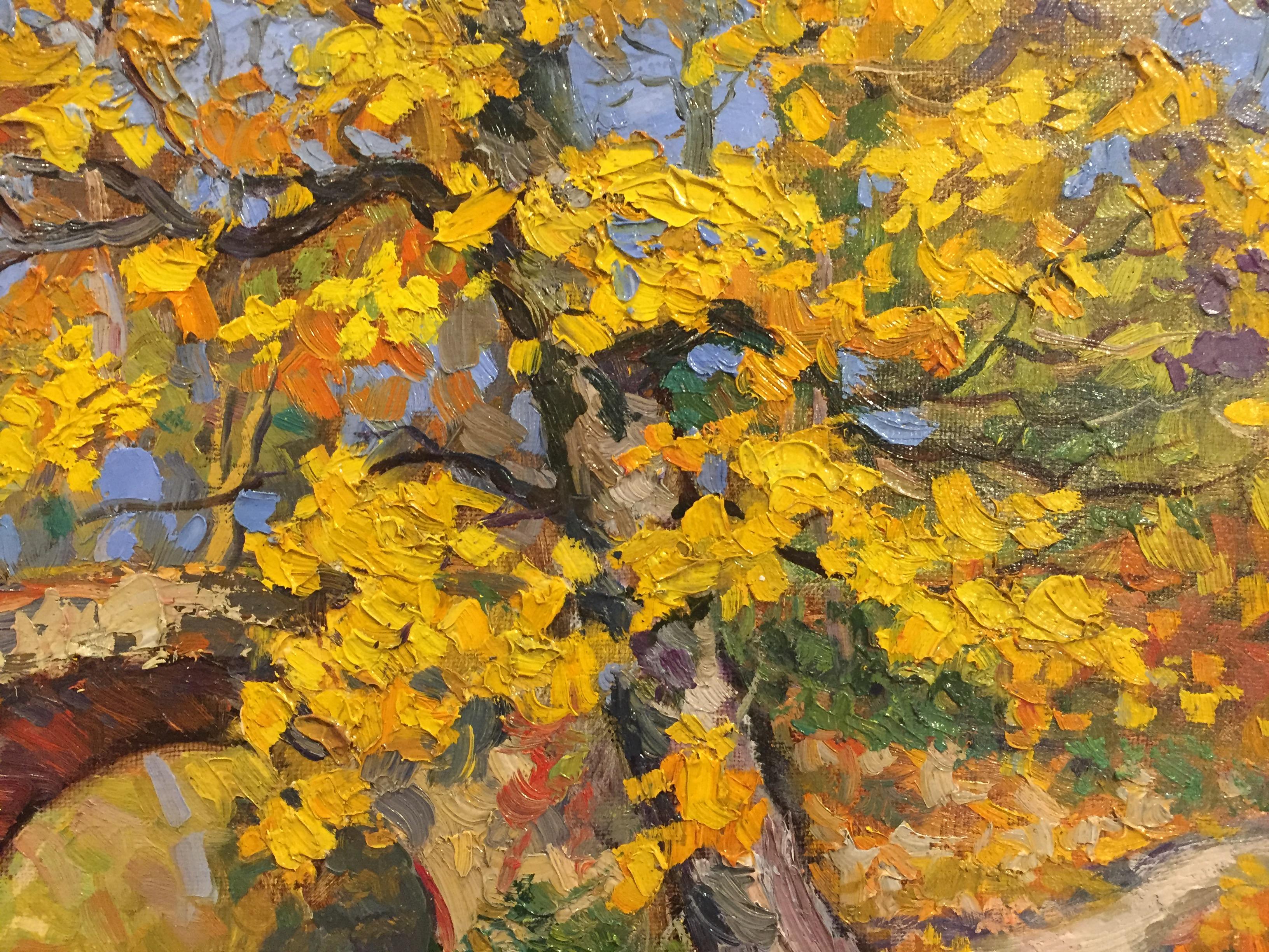 I acquired this gorgeous Impressionist painting when I was buying from a dealer in the Ukraine. The painting is signed and the title and artist name is on the back, but they are in Cyrillic (Russian) so I can't translate the artist's name into