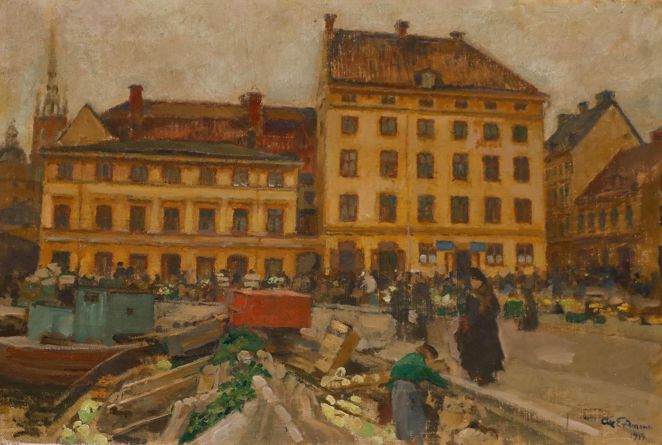 Axel Erdmann (1873-1954) – Ölgemälde, „A Busy Market in Stockholm“, frühes 20. Jahrhundert – Painting von Unknown