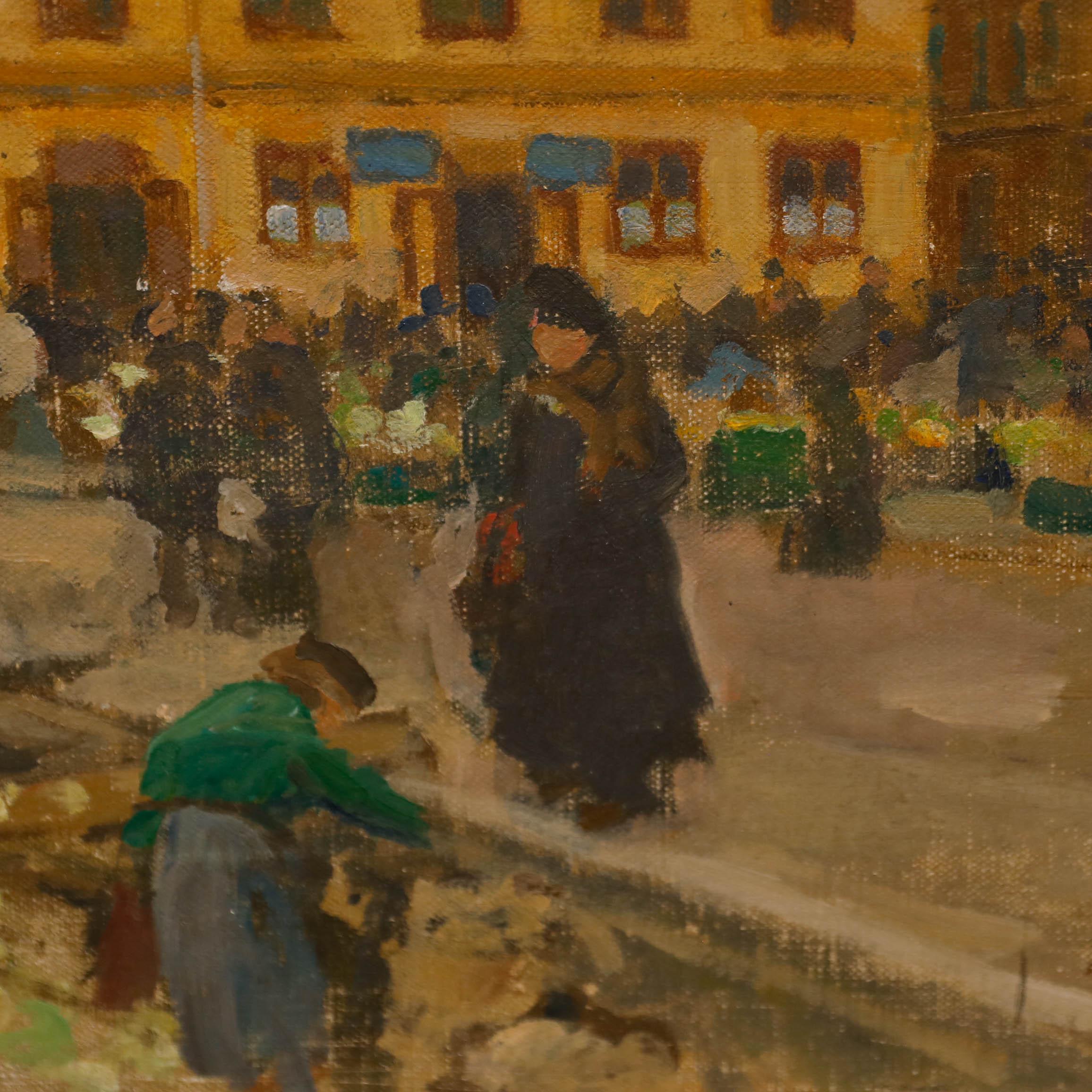 Schwedische Schule, Öl auf Leinwand. Ein belebter Stockholmer Marktplatz mit Figuren im Vordergrund, die Obst und Gemüse direkt von einem schwimmenden Kahn kaufen. Vom Künstler rechts unten signiert und datiert 1919. Auf Leinwand auf Keilrahmen. 
