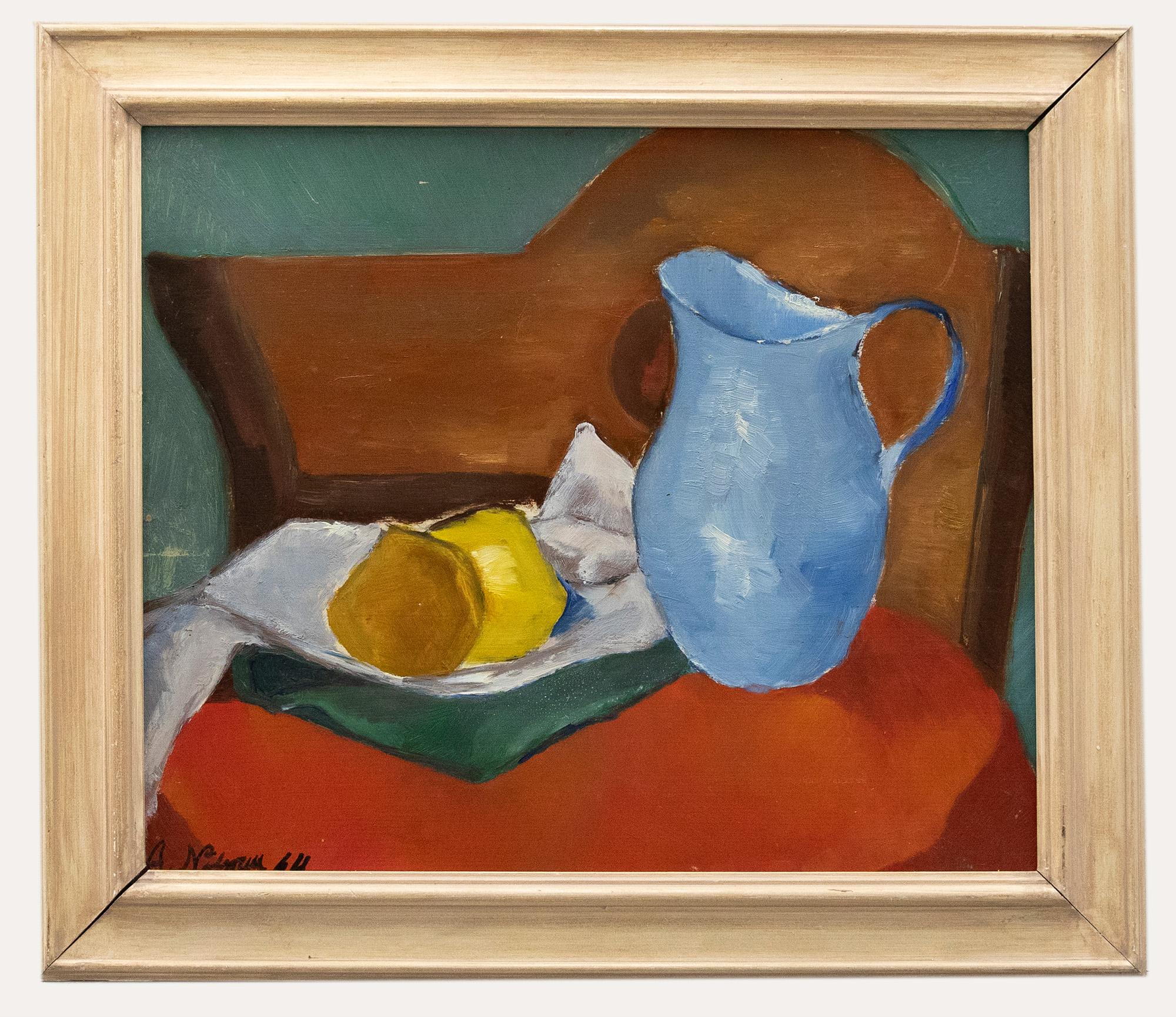 Unknown Still-Life Painting - Axel Nilsson (1889-1980) - Framed Mid 20th Century Oil, Still Life with Blue Jug