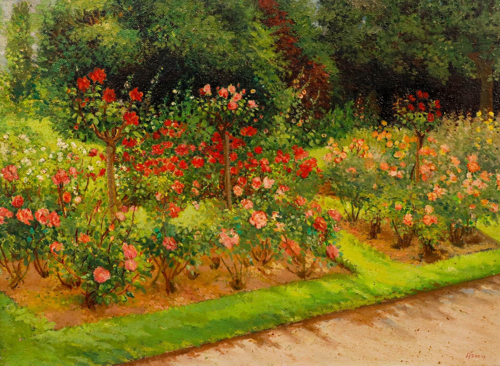 Aziza Janssens - Gerahmtes Öl aus der Mitte des 20. Jahrhunderts, The Rose Beds – Painting von Unknown