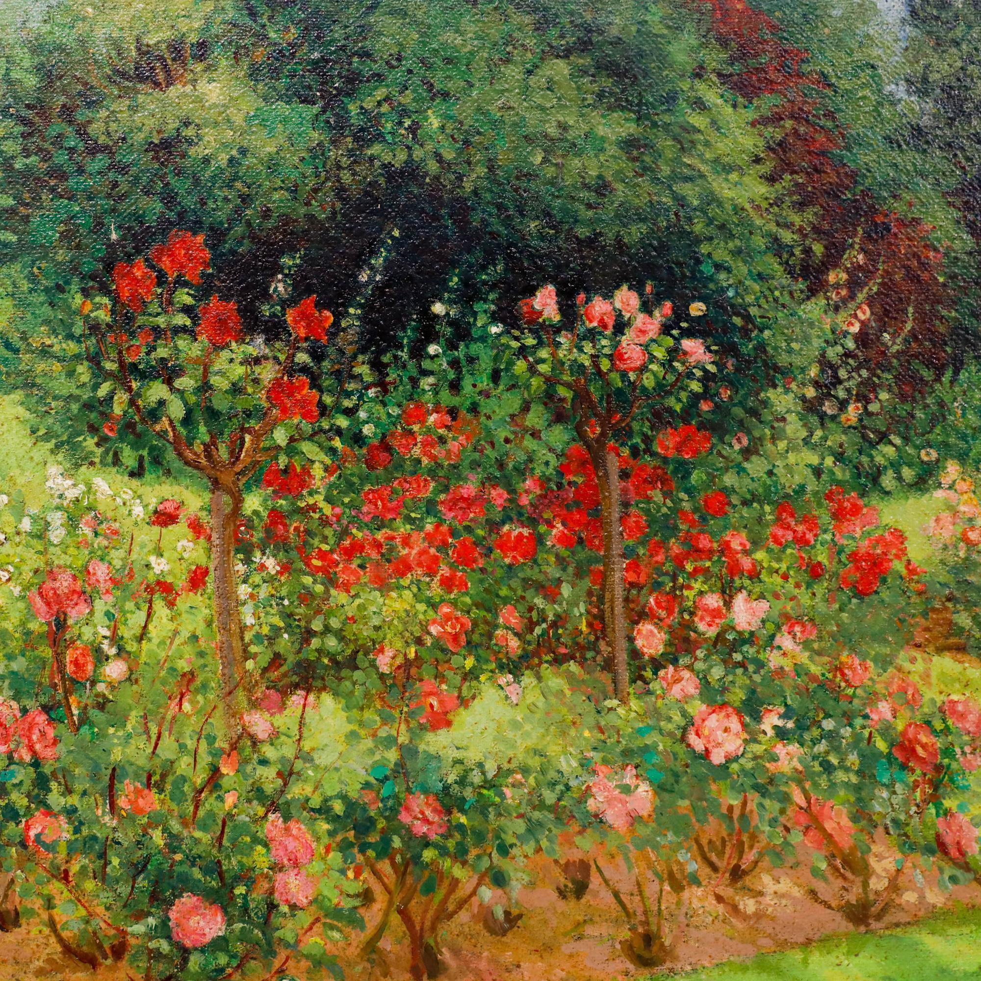 Dieses reizvolle Landschaftsgemälde zeigt die beeindruckenden Rosenbeete des Hurlingham Club. Schön präsentiert in einem dekorativen vergoldeten Rahmen mit Muschel- und Akanthusornamenten. Signiert 