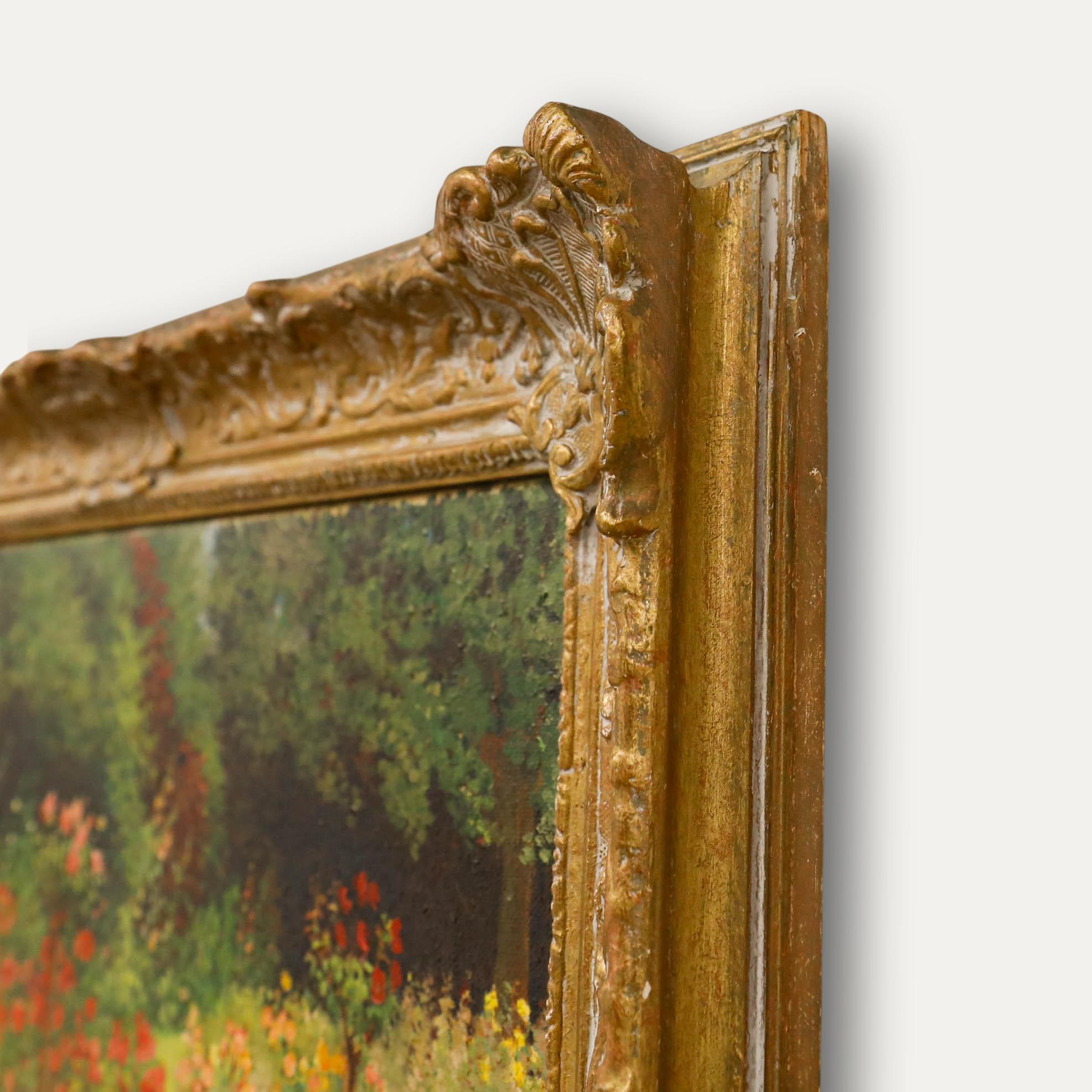 Aziza Janssens - Gerahmtes Öl aus der Mitte des 20. Jahrhunderts, The Rose Beds im Angebot 1