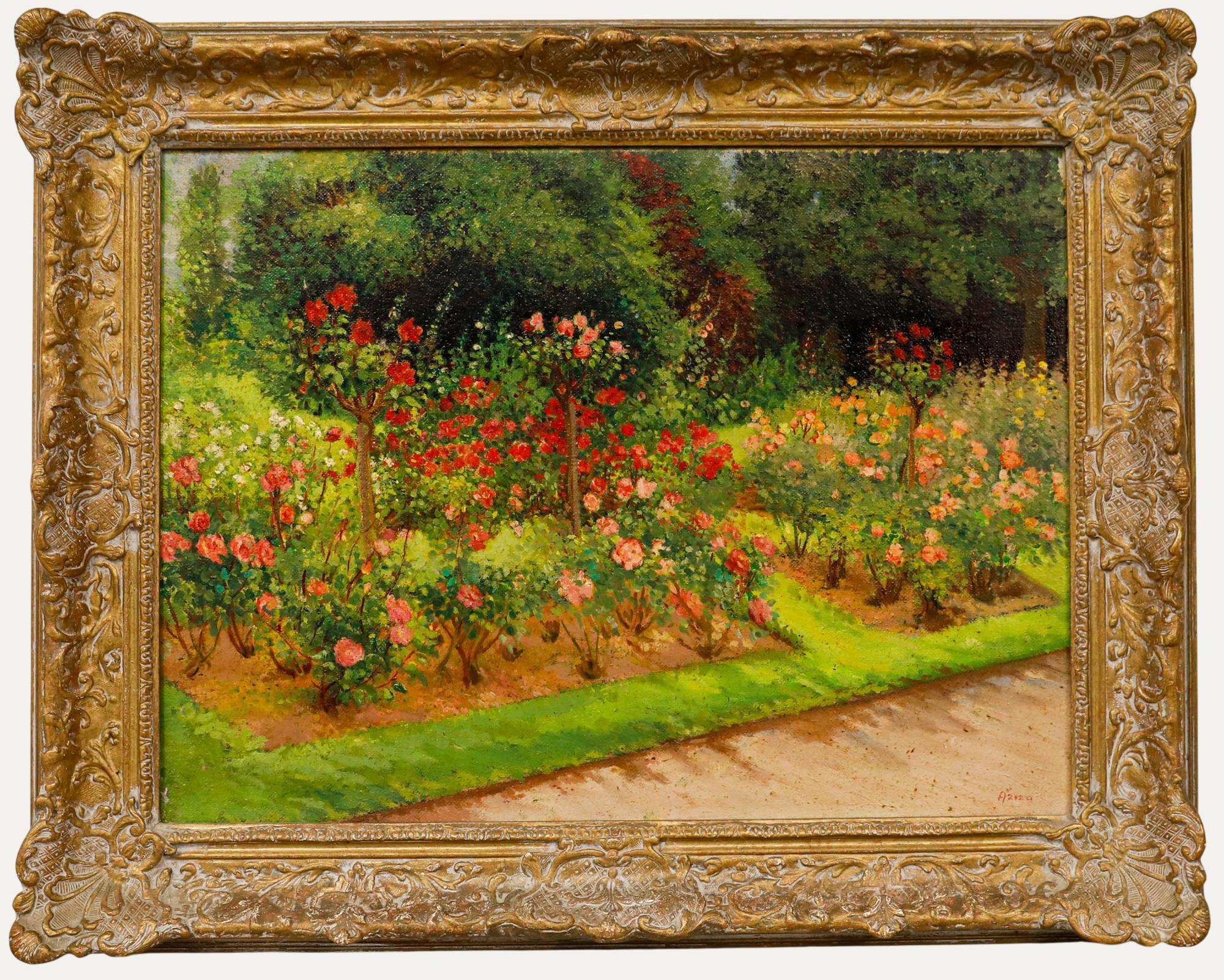 Aziza Janssens - Gerahmtes Öl aus der Mitte des 20. Jahrhunderts, The Rose Beds