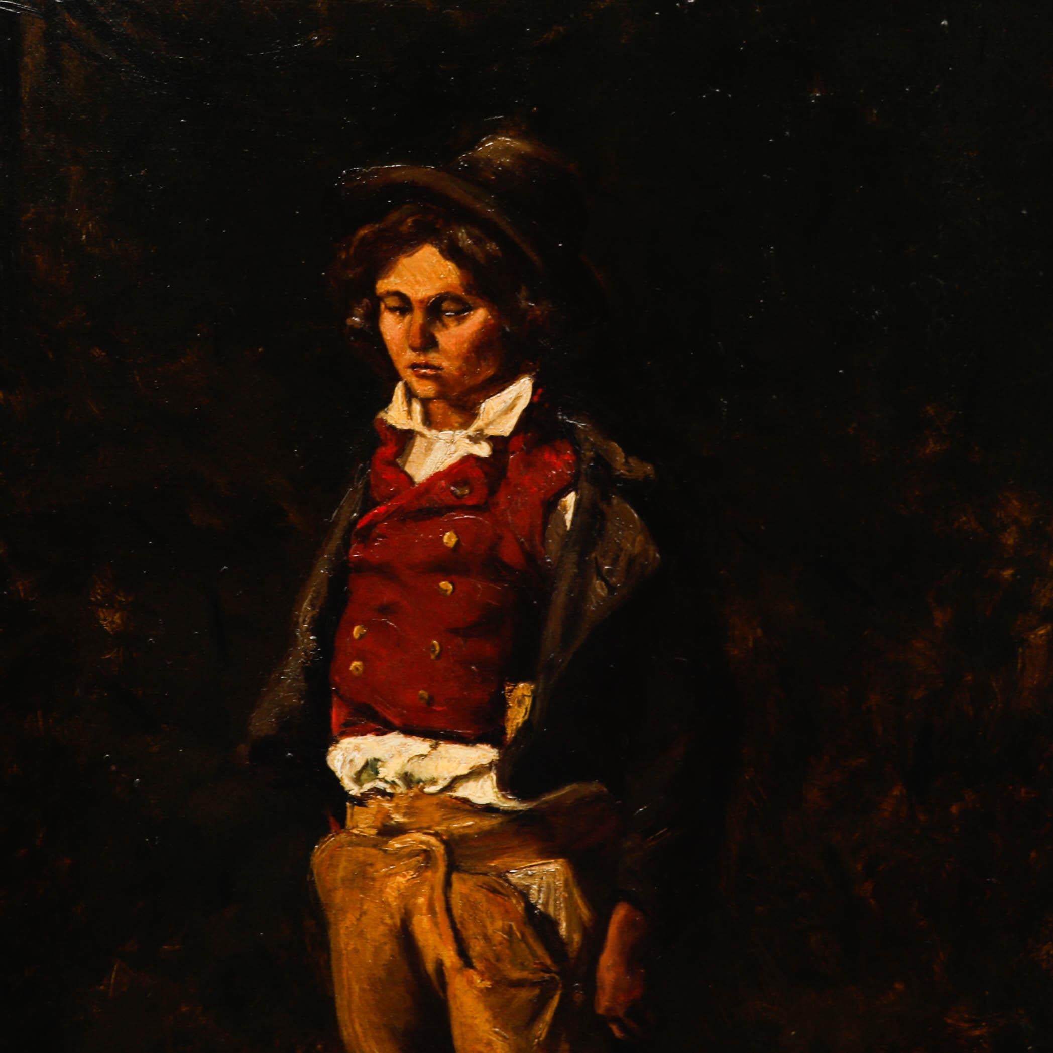 Questo dipinto a olio raffigura una giovane figura in abiti d'epoca colorati, in piedi da sola su uno sfondo scuro e suggestivo. La composizione attira l'attenzione dello spettatore sul soggetto centrale, il cui gilet rosso vivo e le braghe gialle