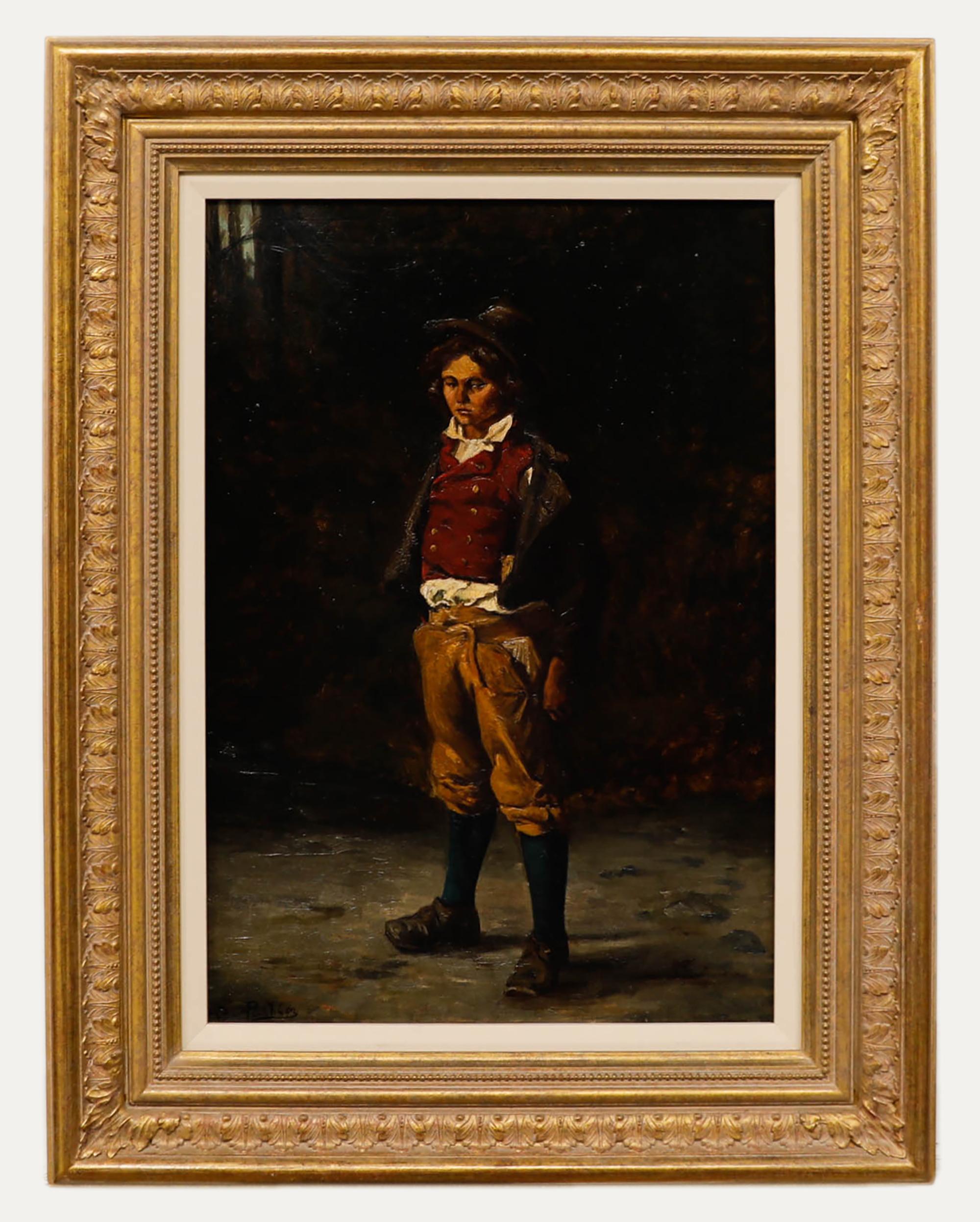 Portrait Painting di Unknown - B. A. Pashton - Olio del XIX secolo, Ragazzo col gilet rosso