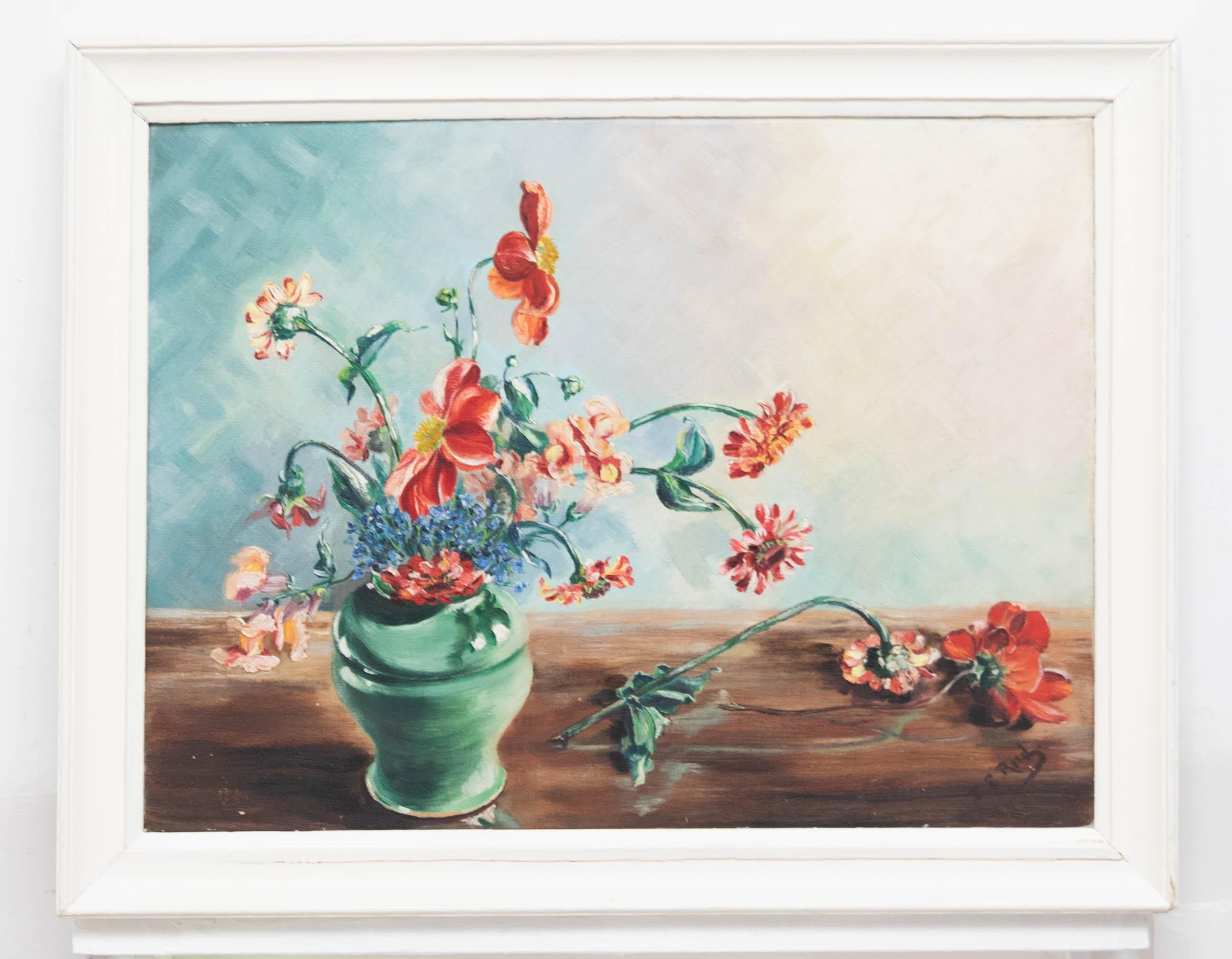 Still-Life Painting Unknown - B. E. Reed, huile du milieu du 20e siècle encadrée « A Few Garden Flowers »