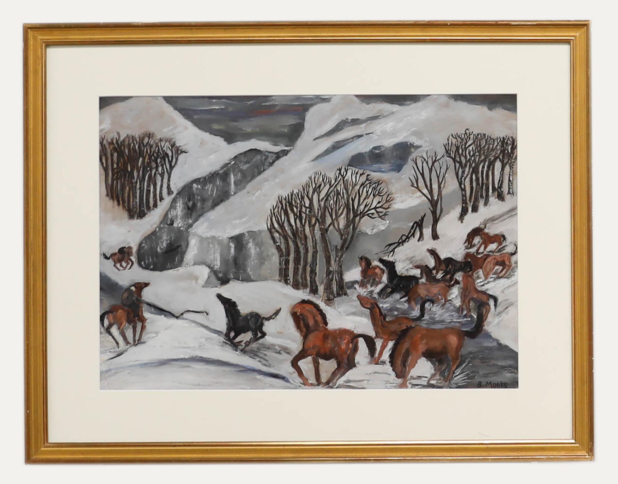 Landscape Painting de Unknown - B. Monjes  - Óleo del siglo XX, Caballos salvajes