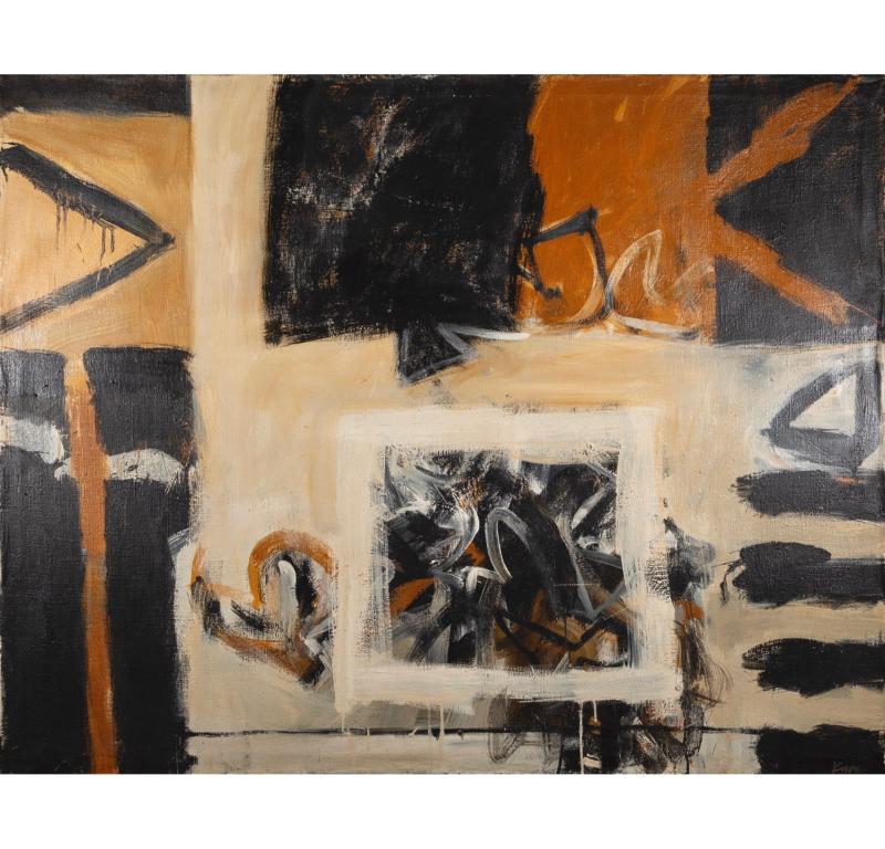 Bajazet Encag'd, Oil on Canvas Painting by Jack Knox 1936-2015, circa 1965

Additional information:
Medium: Oil on canvas
122 x 153 cm
48 1/8 x 60 1/4 in
Signed; with title and Artist's address verso

Provenance
Acquired from the below by a private