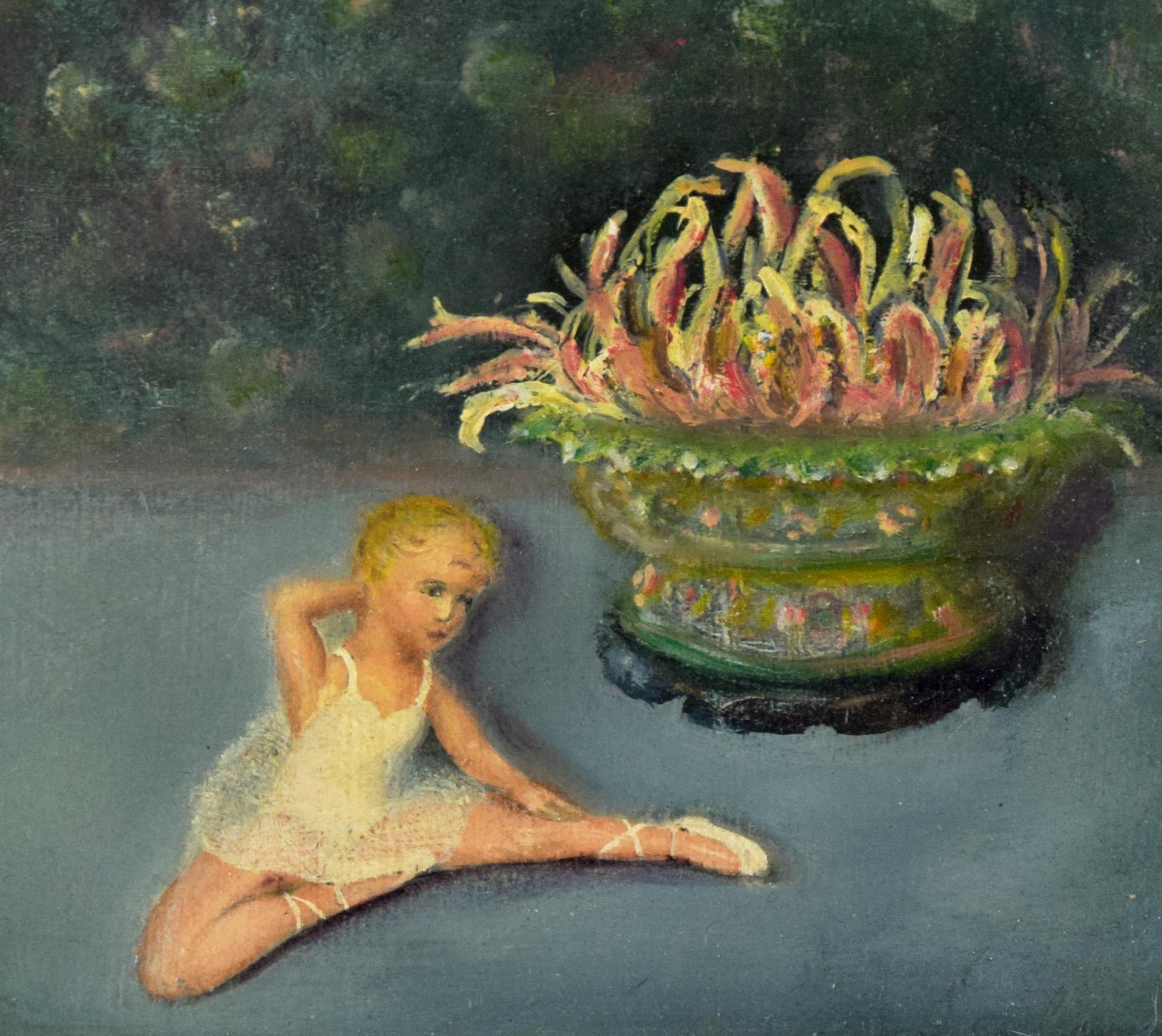 Gorgeous oil painting depicting a young blonde ballerina in pose next to a colorful vase with hues of green and pink in the background.
Presented in a giltwood frame. Image, 6.5
