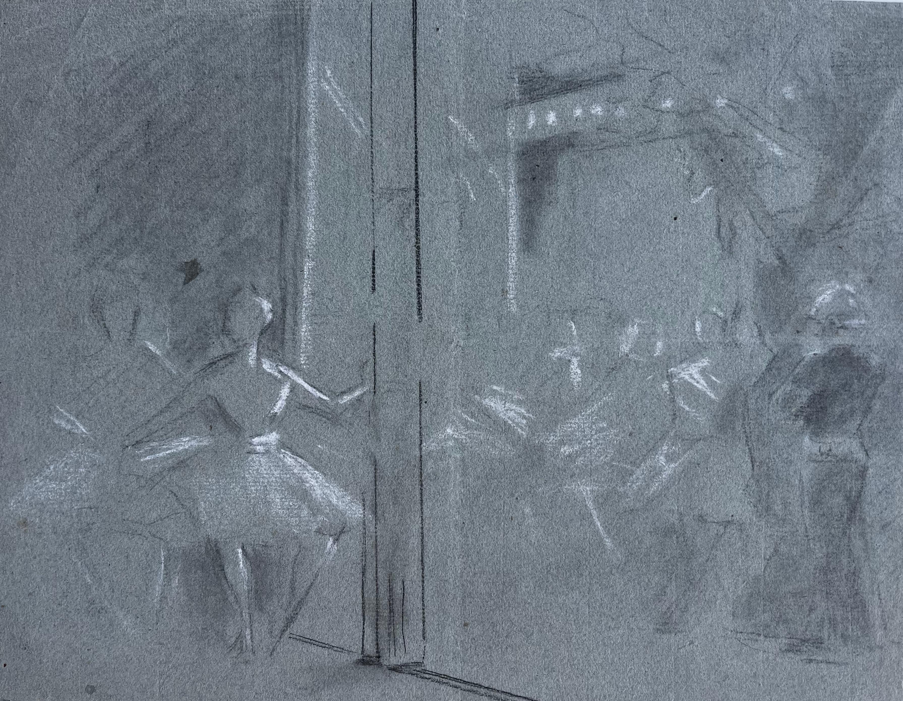 Unknown Figurative Painting - Ballet Dancers Theatre Stage Study Charcoal Drawing Mid Century Figurative