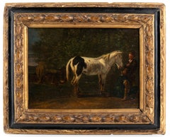 Peinture du maître Bambocciante représentant un homme avec un cheval, extrémité du XVIIe siècle, huile sur toile