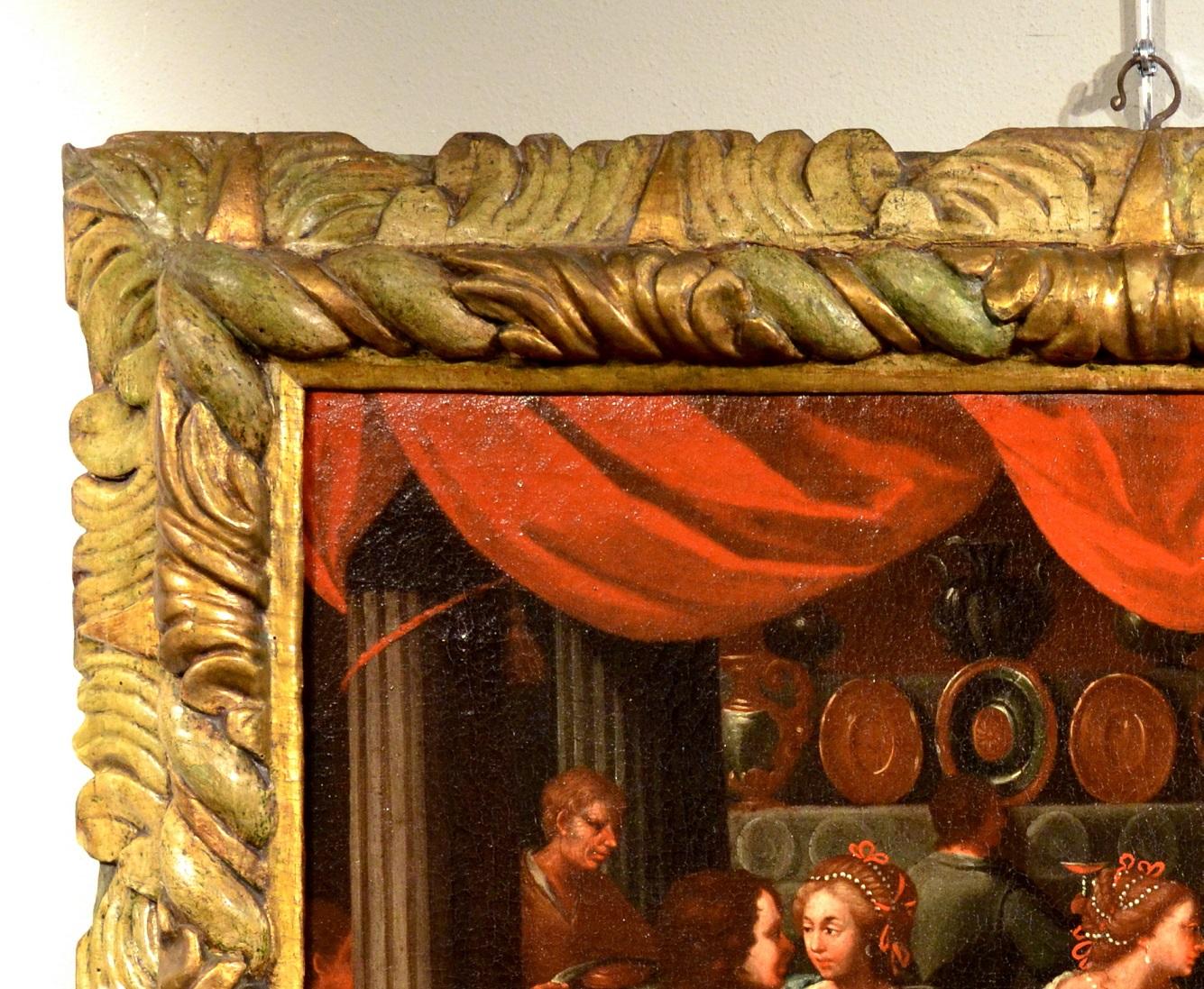 Die Vergnügungen des verlorenen Sohnes
Flämischer Maler, der im frühen 17. Jahrhundert in Venetien tätig war

Ölgemälde auf Leinwand
Cm. 62 x 74
Mit antik geschnitztem und lackiertem Rahmen cm. 82 x 95

Wir werden Zeuge eines üppigen Festmahls in