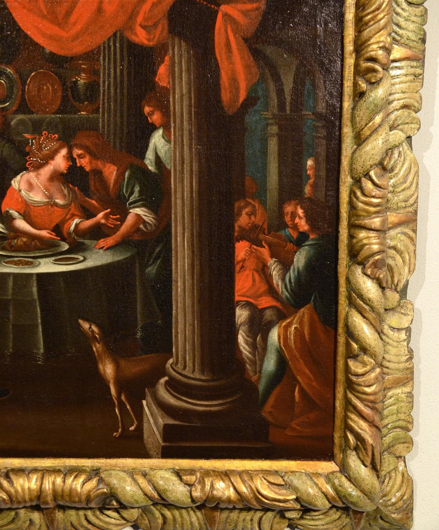 The pleasures of the prodigal son
Flemish painter active in Veneto in the early 17th century

Oil painting on canvas
Cm. 62 x 74
With antique carved and lacquered frame cm. 82 x 95

We are witnessing a sumptuous banquet, set in a sumptuous setting