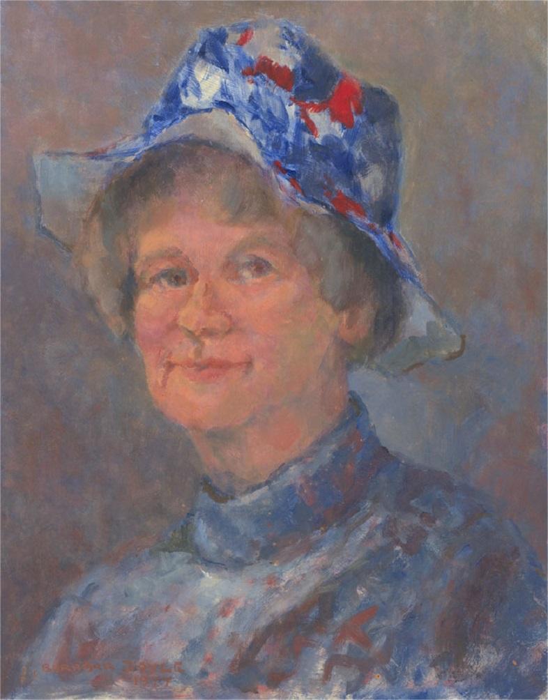 Barbara Doyle (b.1917) - 1977 Oil, Barbara's Jubilee Hat - Gray Portrait Painting by Unknown