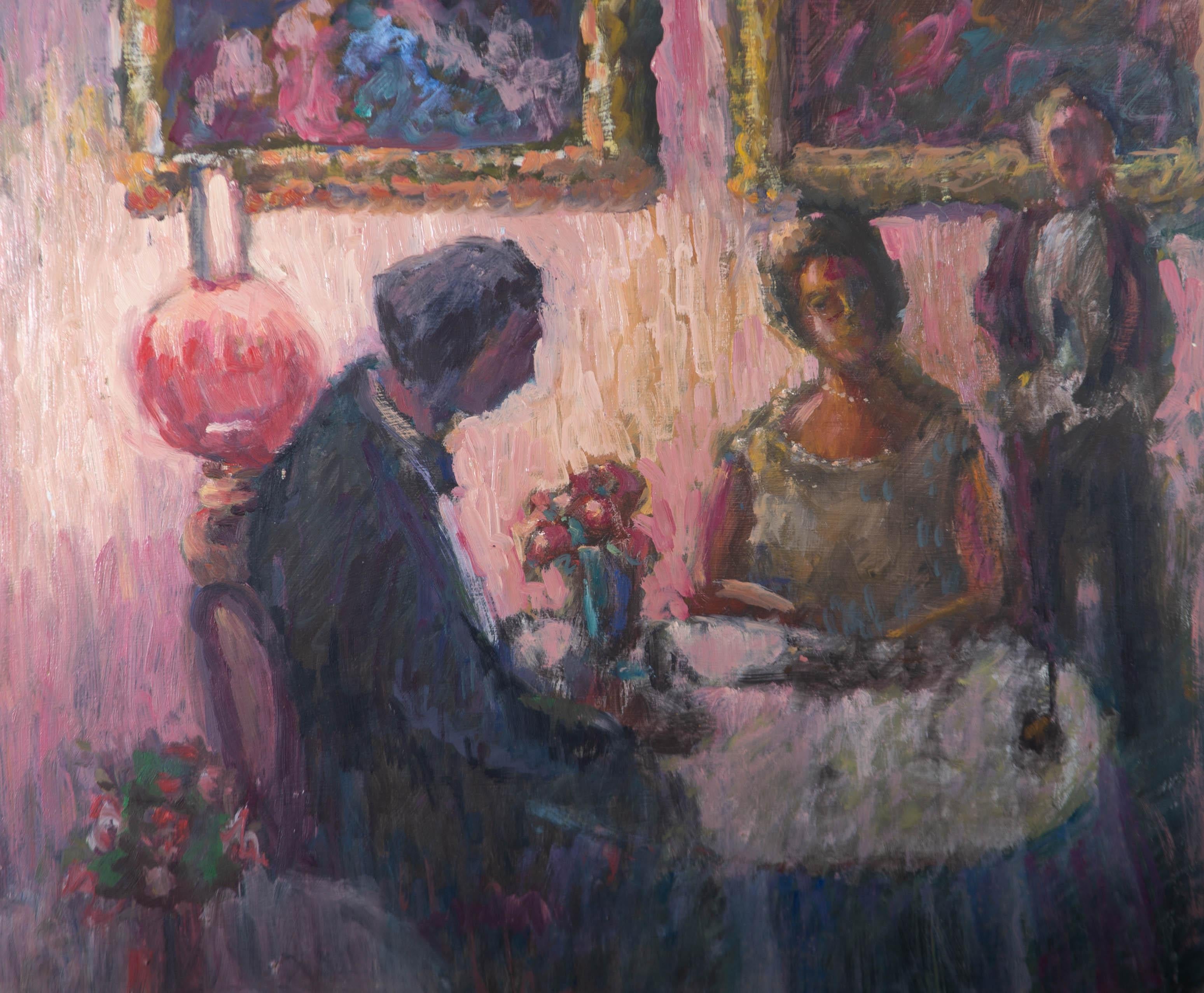 Unknown Portrait Painting - Barbara Doyle (b.1917) - 20th Century Oil, Pink Restaurant