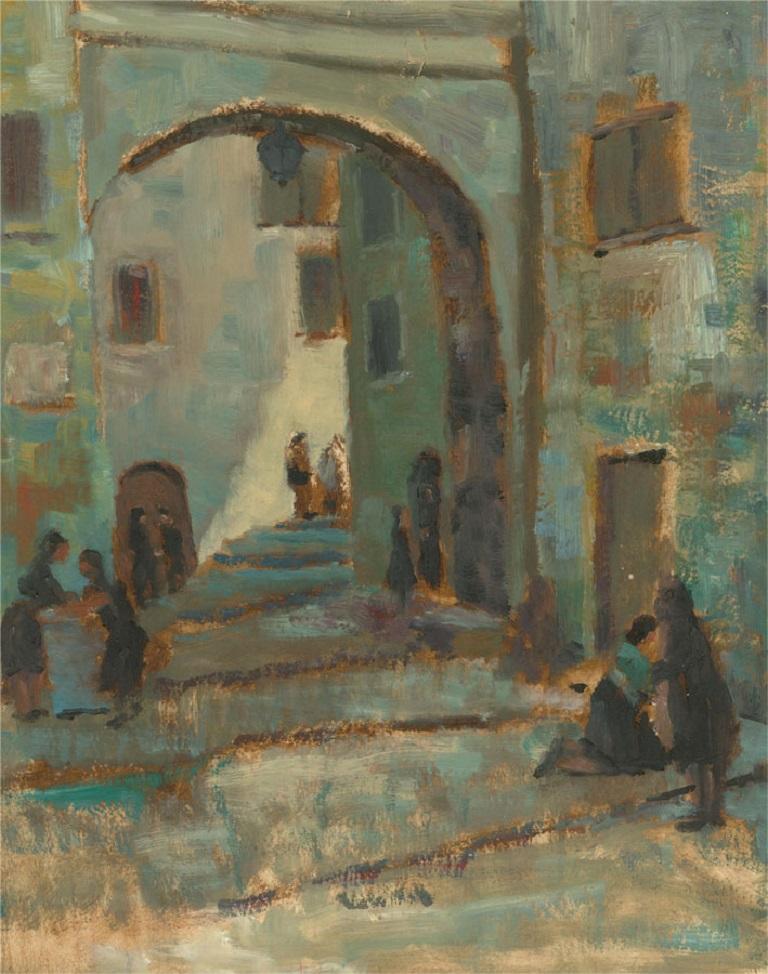 Barbara Doyle (b.1917) - Contemporary Oil, Figures In The Street - Gray Landscape Painting by Unknown