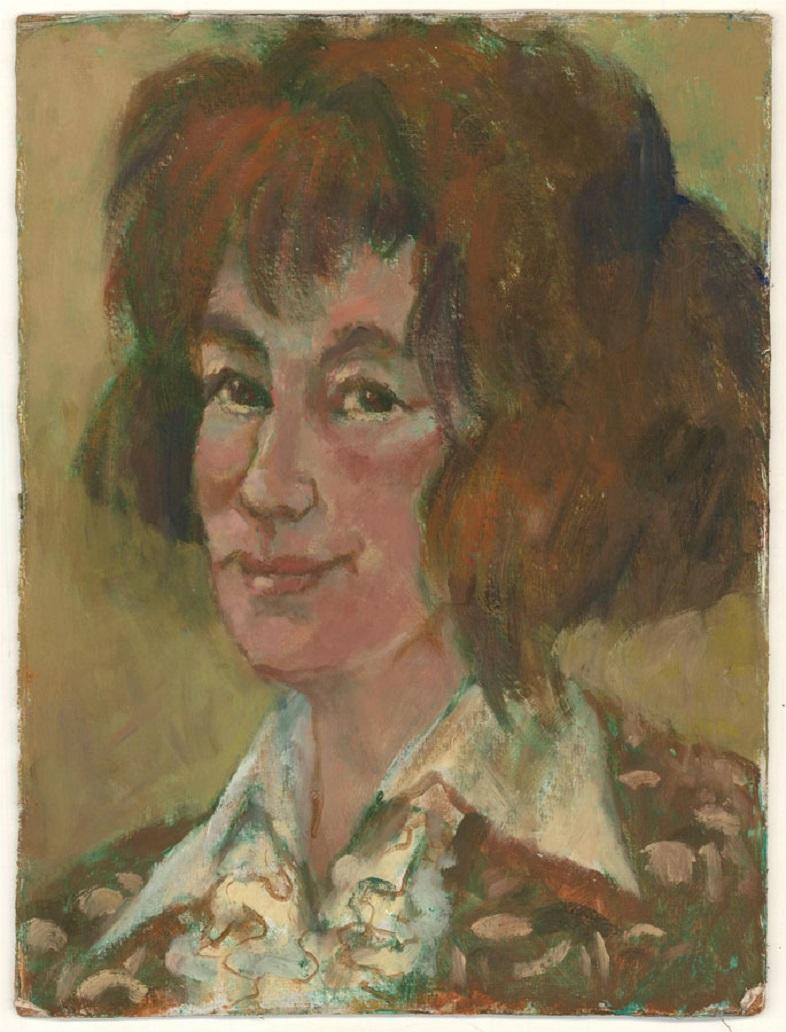 A warm and loosely painted portrait of a woman with a kindly smile in a ruffle necked shirt. The painting is unsigned on board. On board.