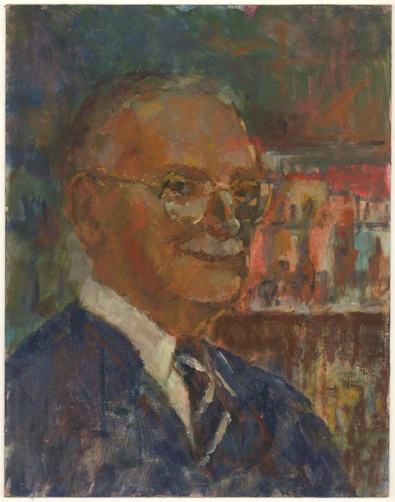 A fine oil portrait of an older man with glasses in smart attire. There is a loosely painted still life at the reverse of the board. Both paintings are unsigned. On board.
